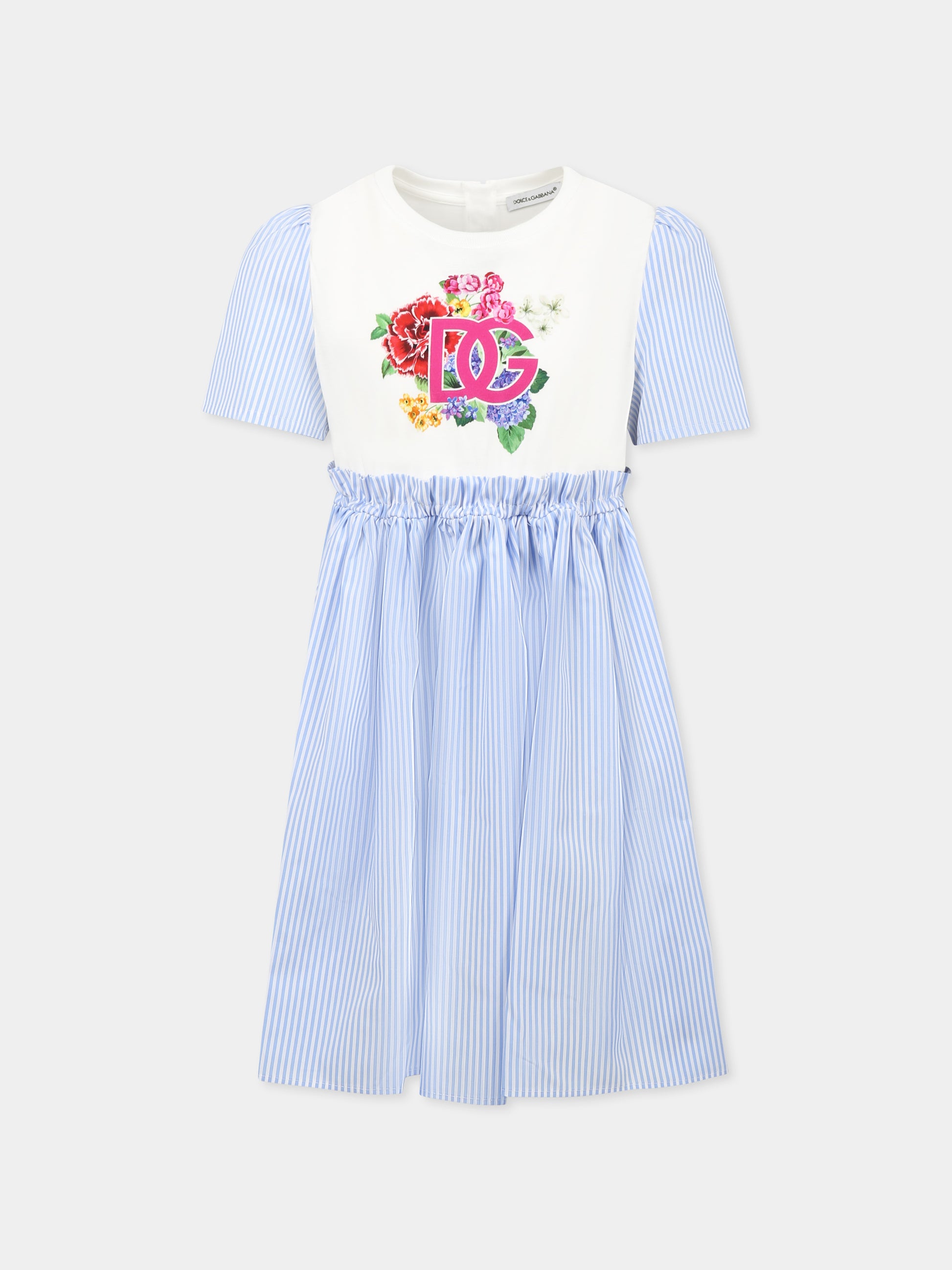 Vestito celeste per bambina con logo e stampa floreale,Dolce & Gabbana Kids,L5JD9W G7O7X S9000