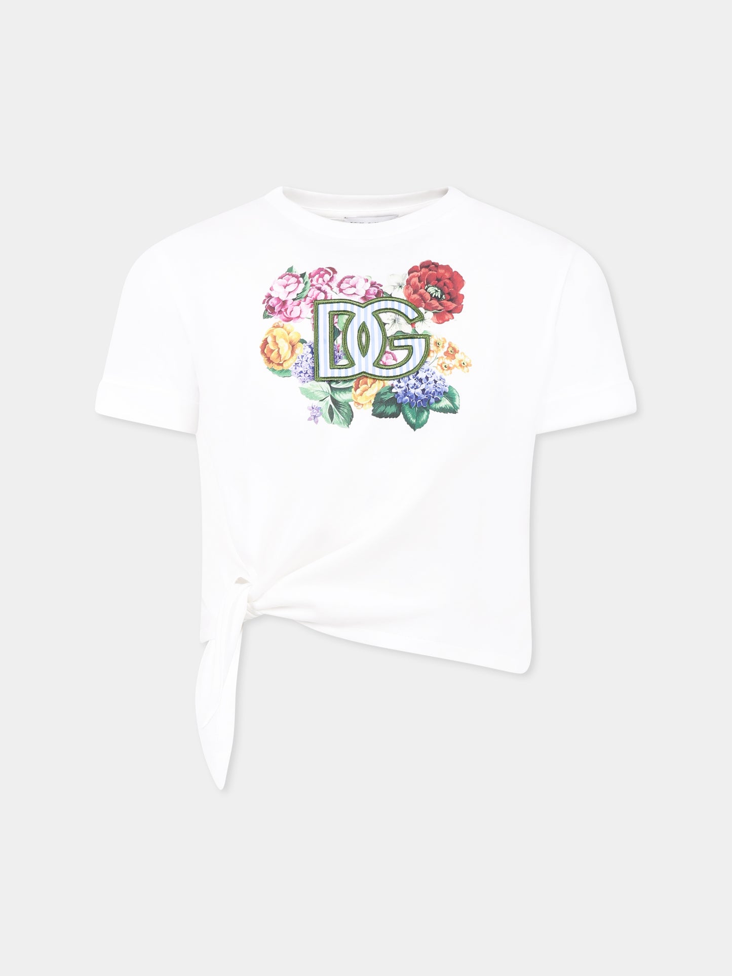 White T-shirt for girl with logo and flowers