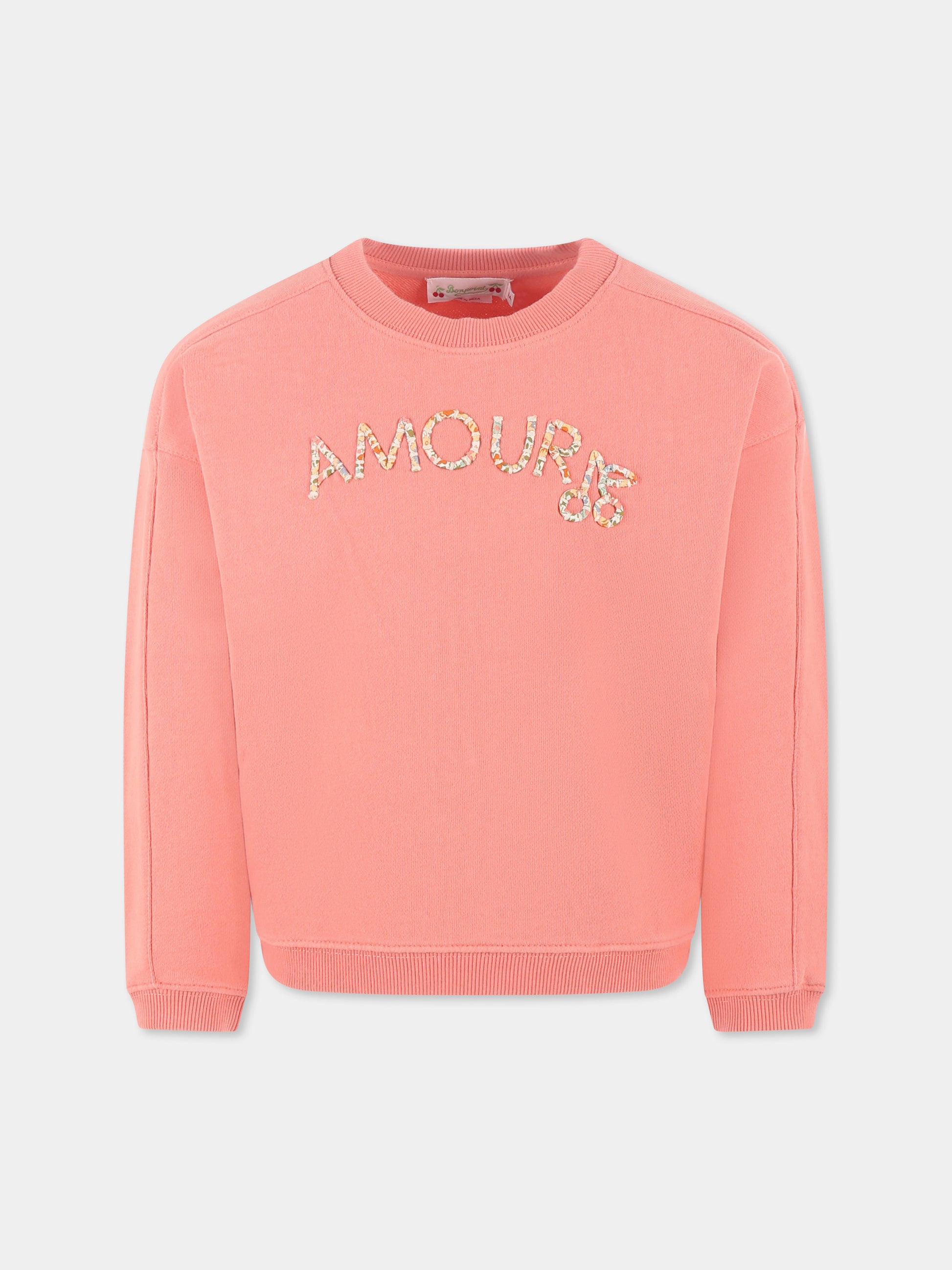 Felpa rosa per bambina con scritta e ciliegie,Bonpoint,S05GSWK00005 128D