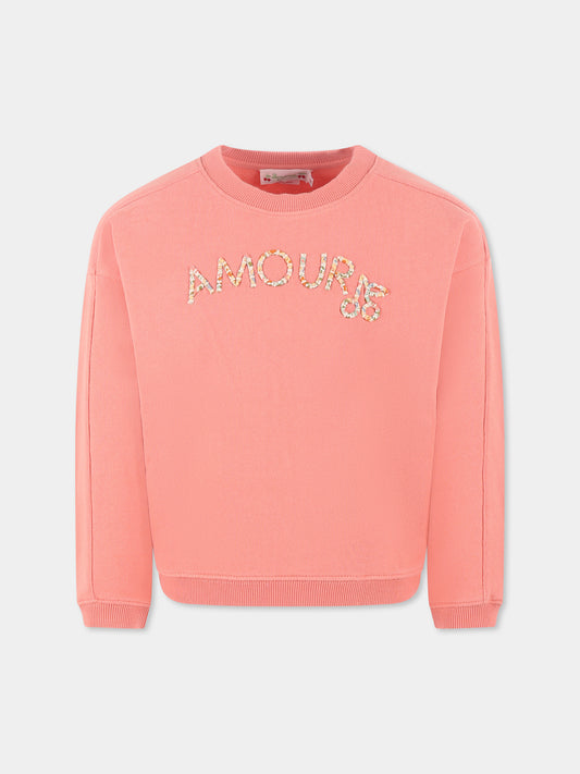 Felpa rosa per bambina con scritta e ciliegie,Bonpoint,S05GSWK00005 128D