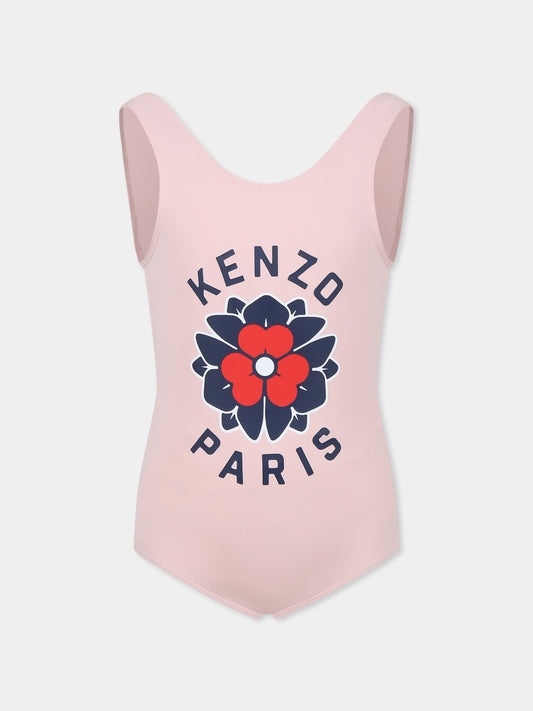 Costume intero rosa per bambina con logo e motivo floreale,Kenzo Kids,K60981 45Z