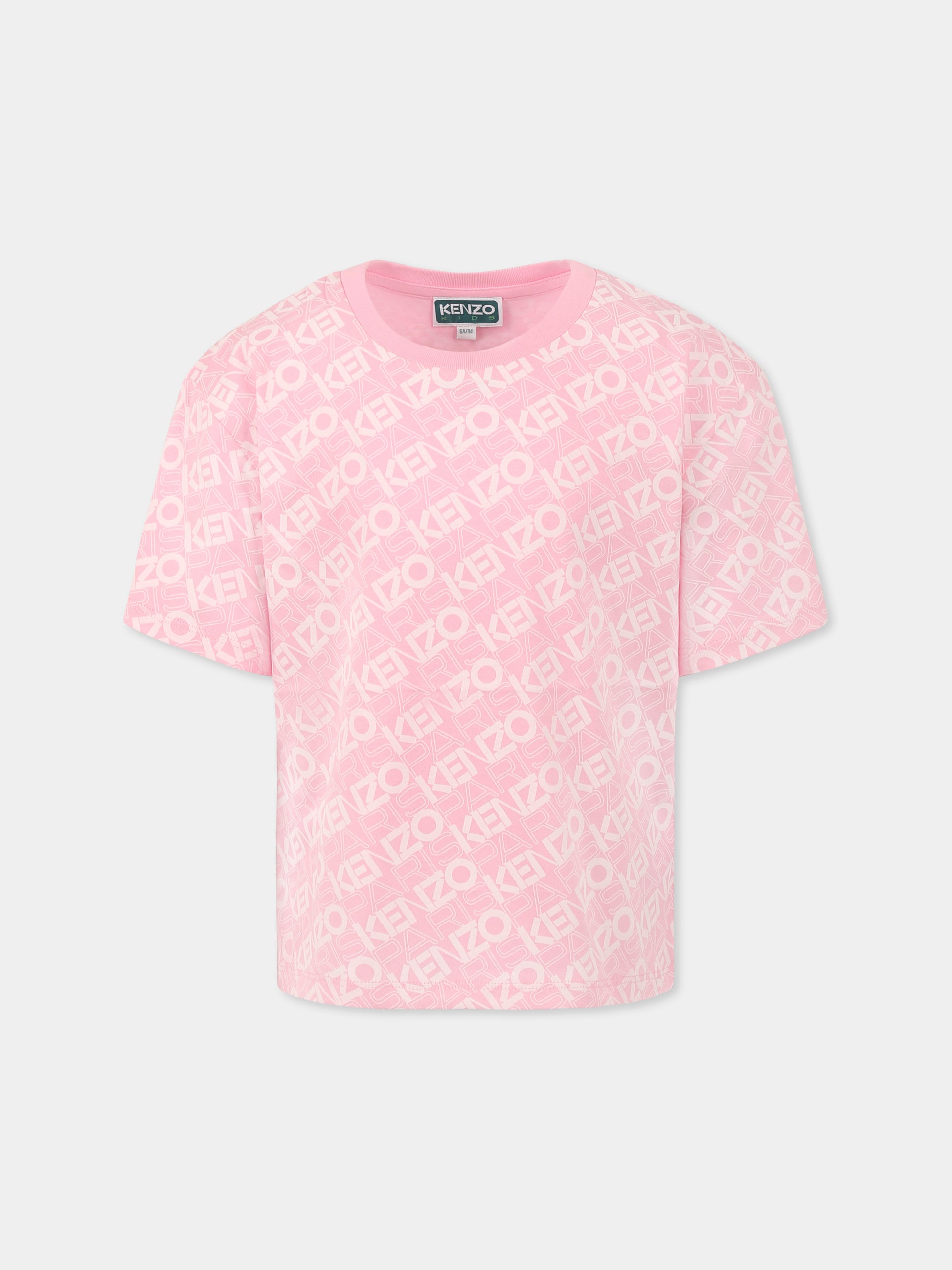 T-shirt crop rosa per bambina con logo all over,Kenzo Kids,K61062 465