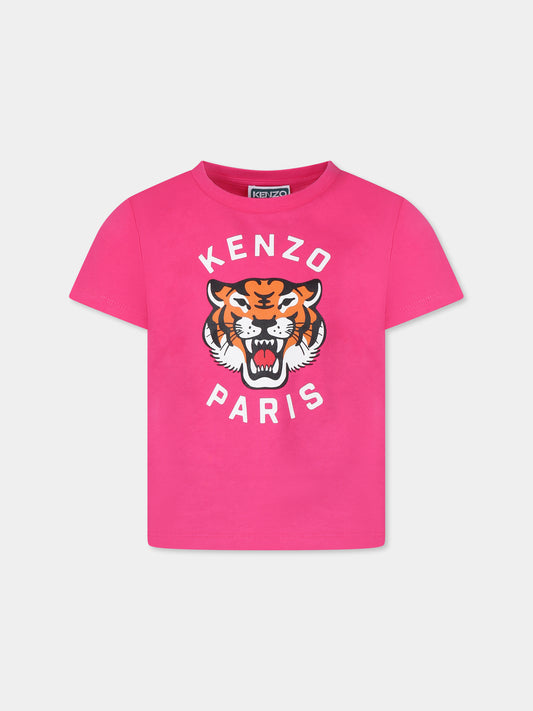 T-shirt fucsia per bambina con Lucky Tiger,Kenzo Kids,K61054 483