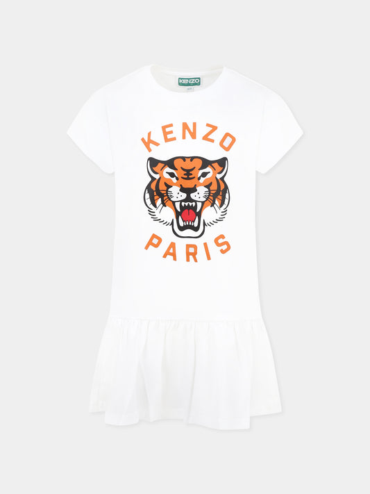 Vestito bianco per bambina con Lucky Tiger e logo arancione,Kenzo Kids,K61025 10P