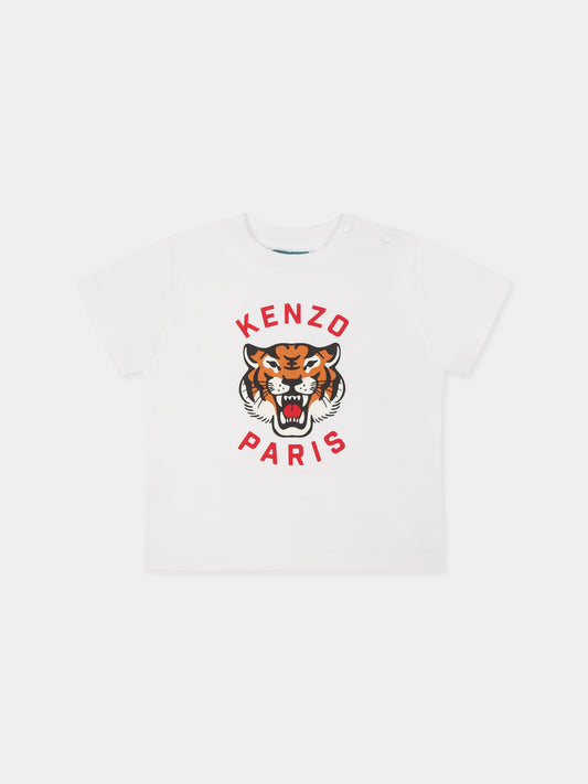T-shirt bianca per neonati con iconica tigre e logo rosso,Kenzo Kids,K60977 10P