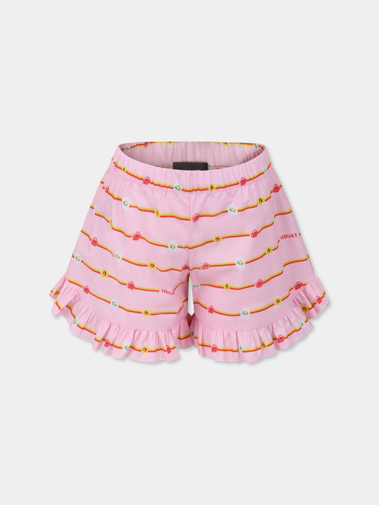 Shorts rosa per neonata con logo e fiori,Versace,1018692 1A13149 5PC00