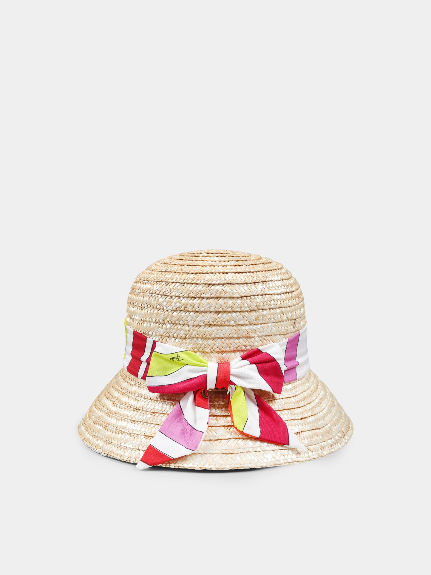 Beige straw hat for girl with marble print