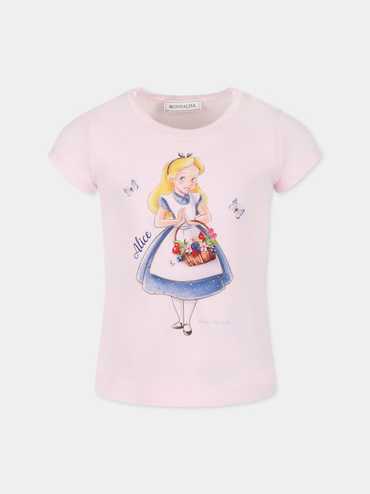 Pink t-shirt for girl with Alice in Wonderland
