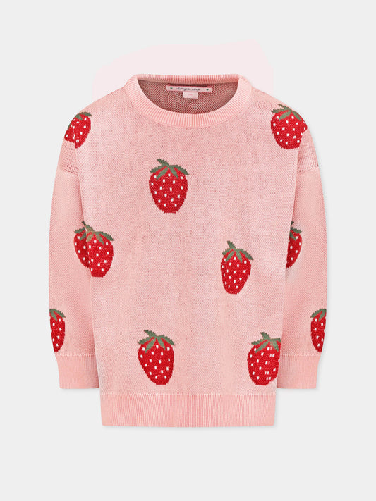 Pink sweater for girl with strawberries