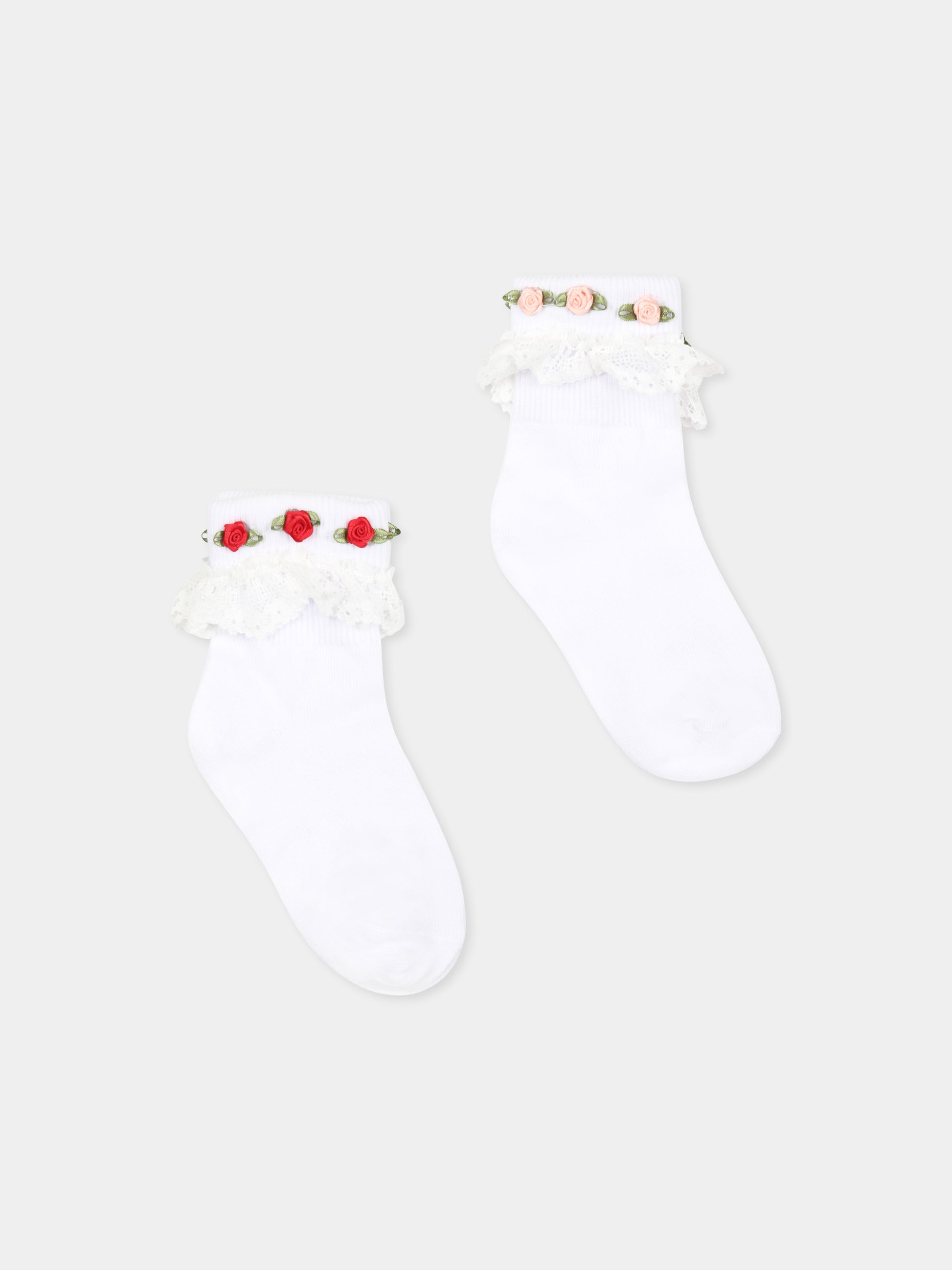 Set calzini bianchi per bambina con roselline,Konges Sløjd,KS102241 OPTIC WHITE