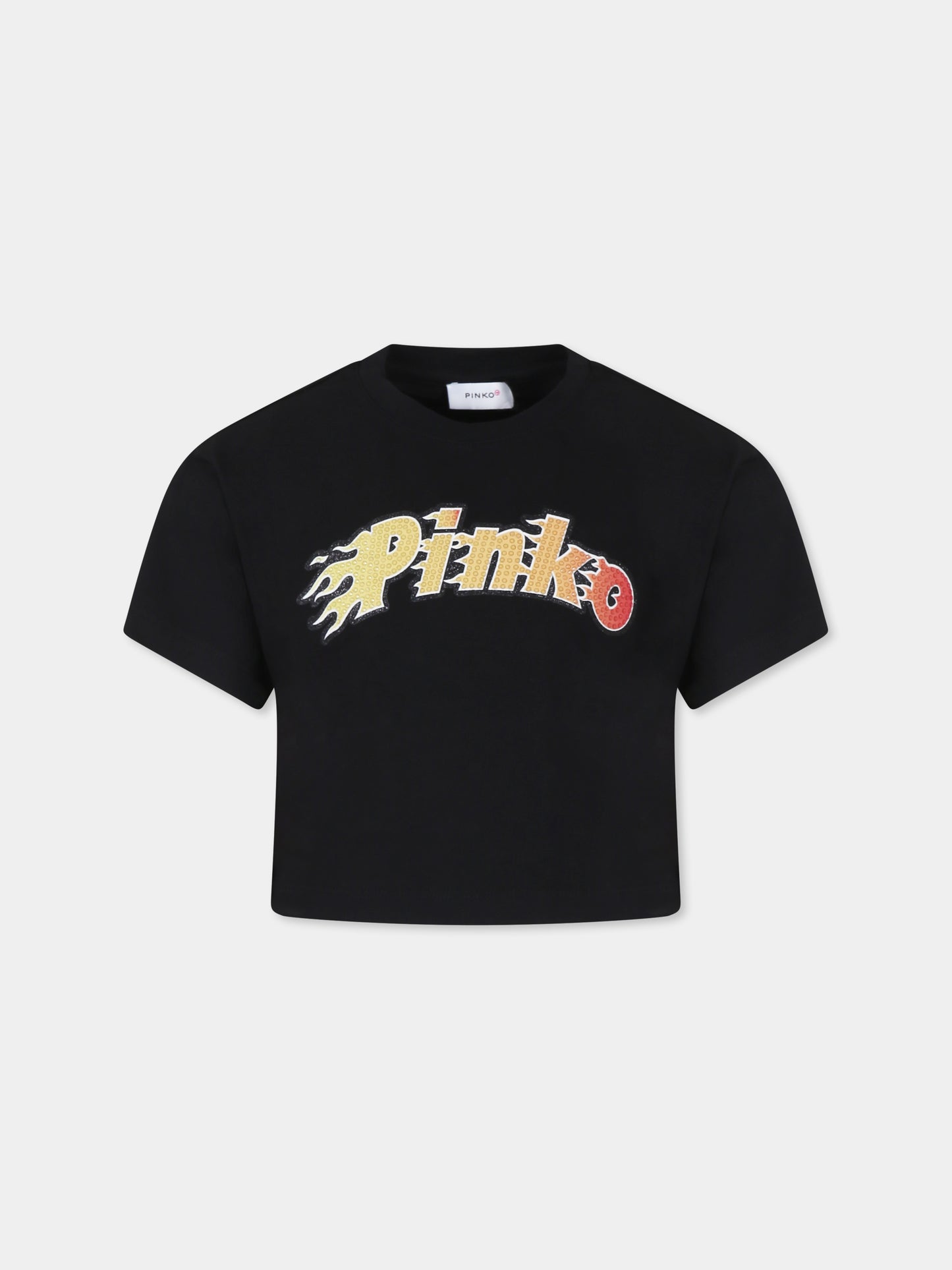 T-shirt crop nera per bambina con logo,Pinko,KFTS001 C JE010 N000