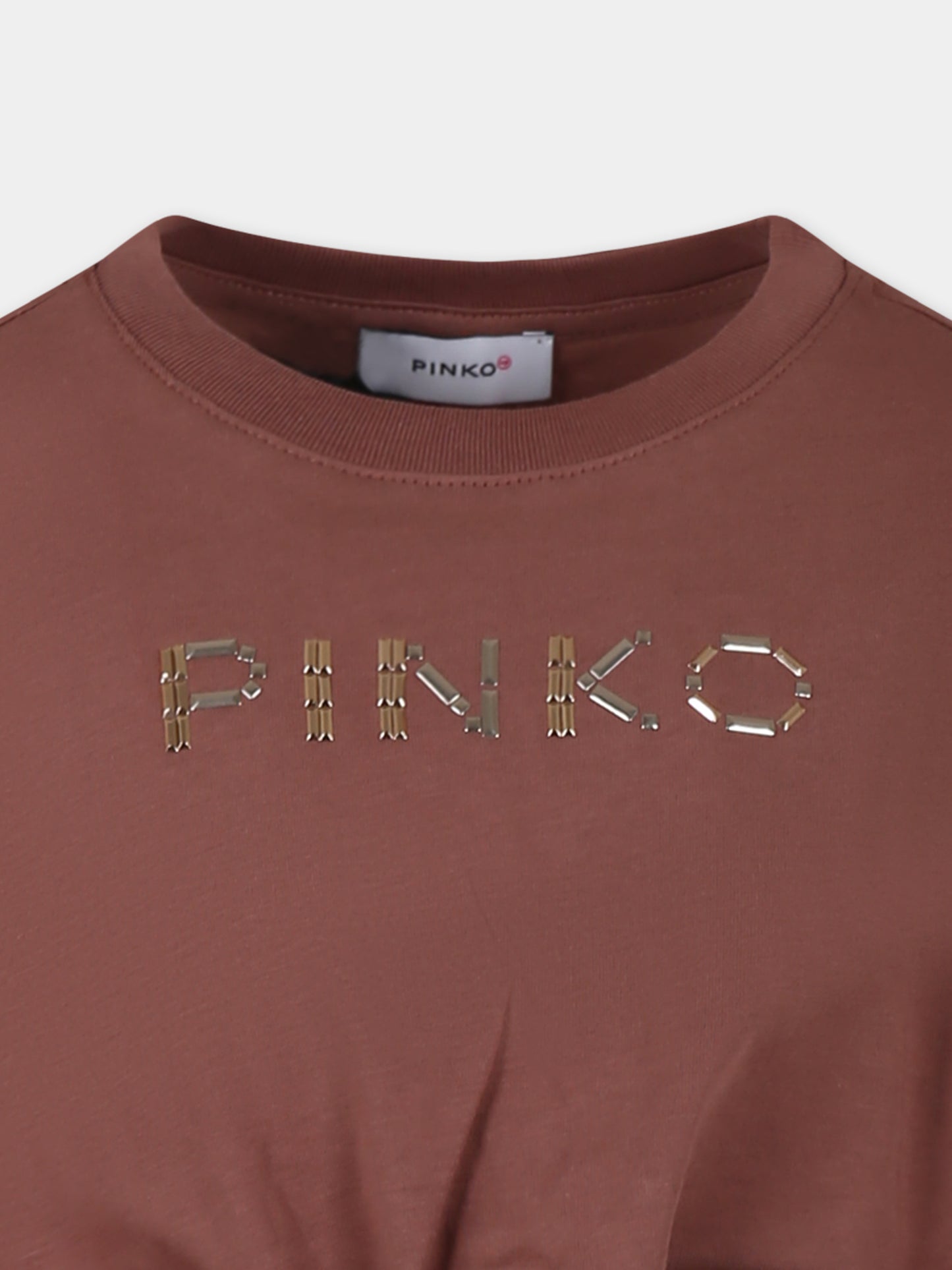 T-shirt crop marrone per bambina con logo,Pinko,KFTS004 C JF025 D716