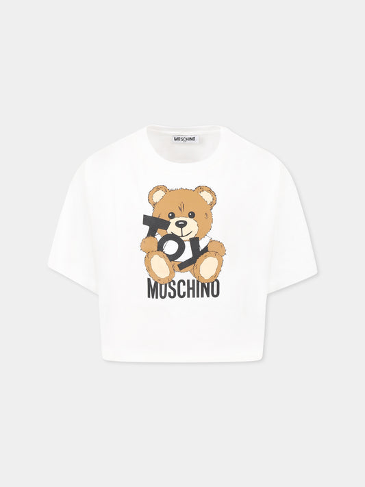 T-shirt crop bianca per bambina con Teddy Bear,Moschino Kids,HDM06O LBA00 10101