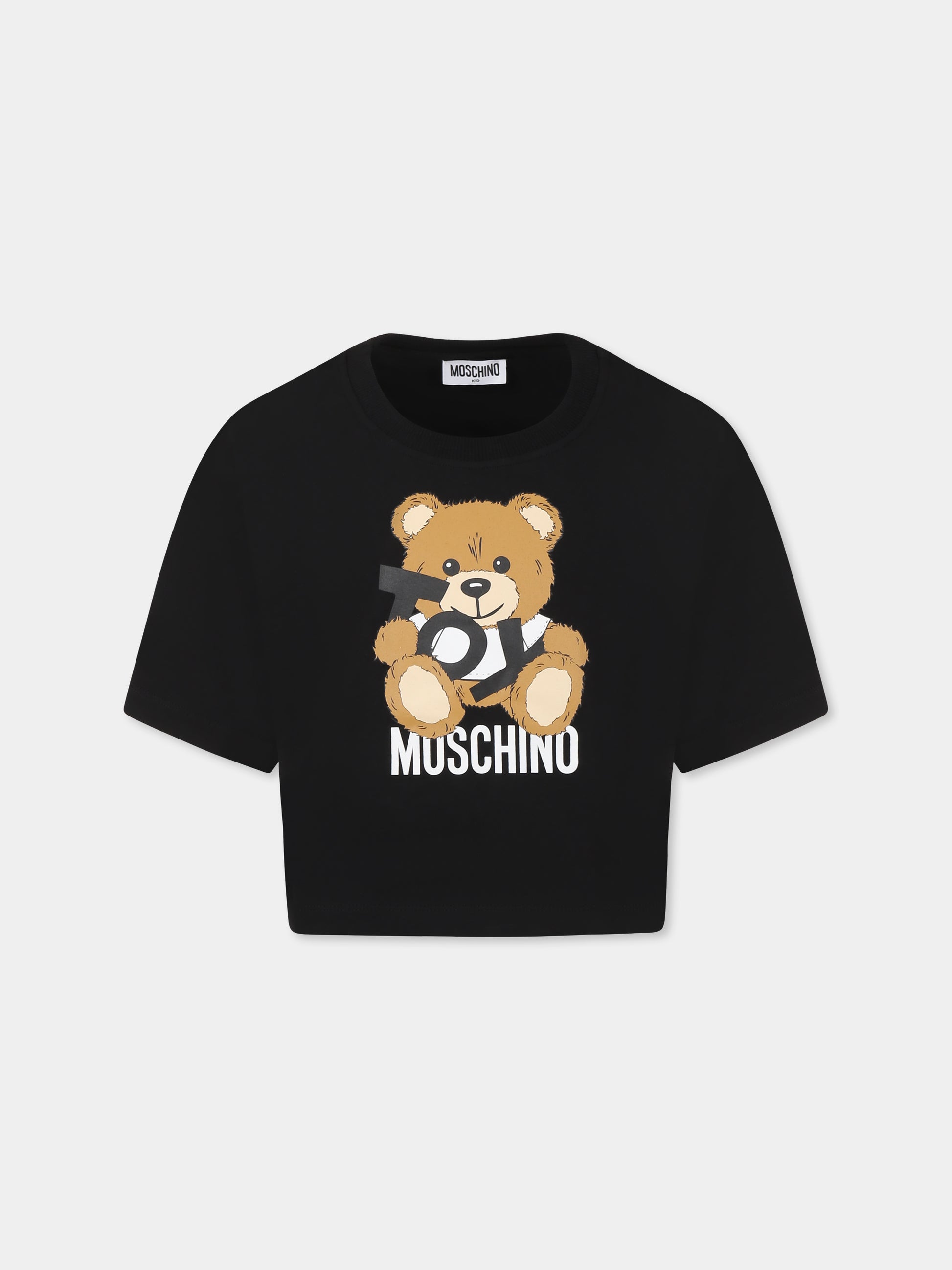 T-shirt crop nera per bambina con Teddy Bear,Moschino Kids,HDM06O LBA00 60100