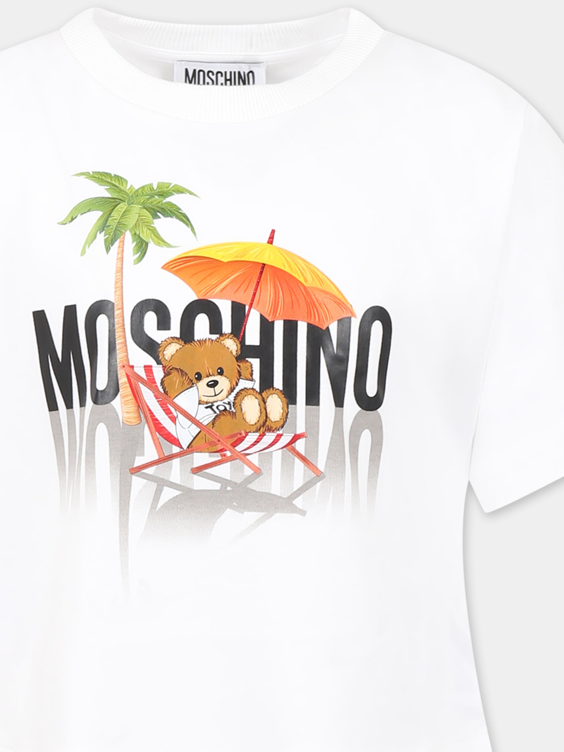 Vestito bianco per bambina con Teddy Bear e stampa spiaggia,Moschino Kids,HDV0G7 LAA42 10101
