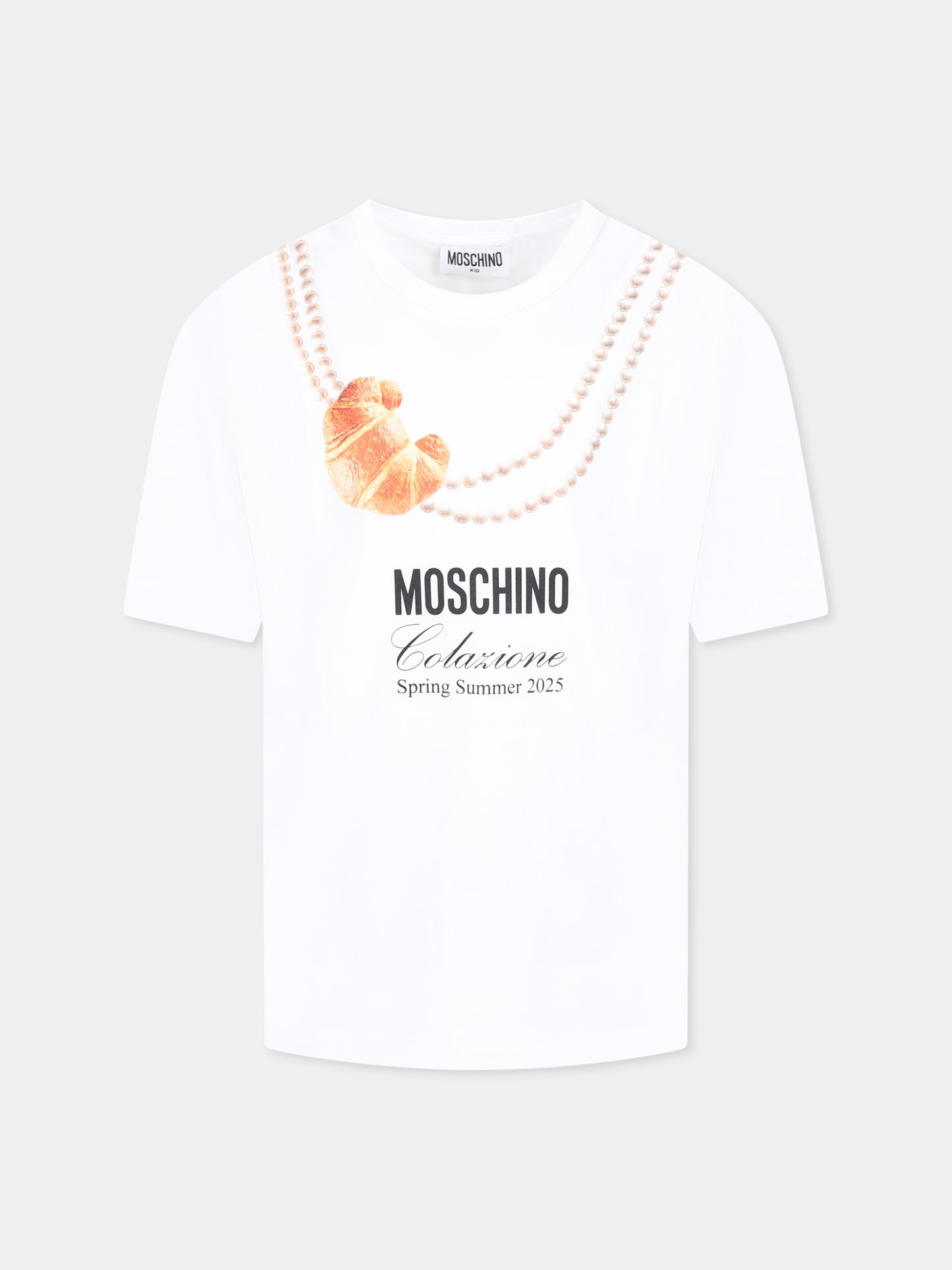 T-shirt bianca per bambina con stampa cornetto italiano,Moschino Kids,HIM060 LAA02 10101