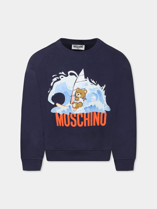 Felpa blu per bambino con Teddy Bear e tavola da windsurf,Moschino Kids,HNF07Y LCA74 40016