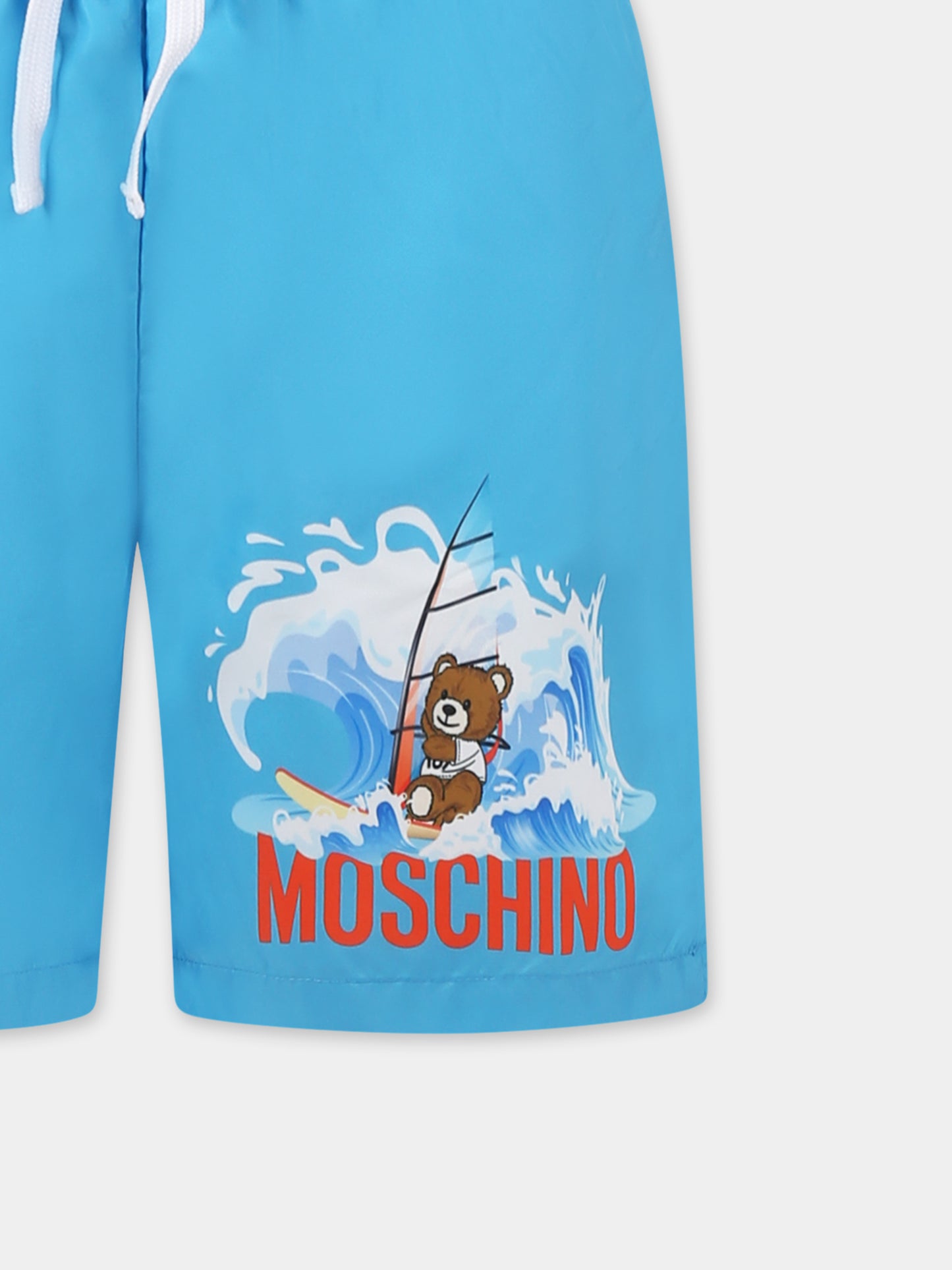 Boxer mare azzurro per bambino con Teddy Bear e tavola da windsurf,Moschino Kids,HQL01C LKA02 41047
