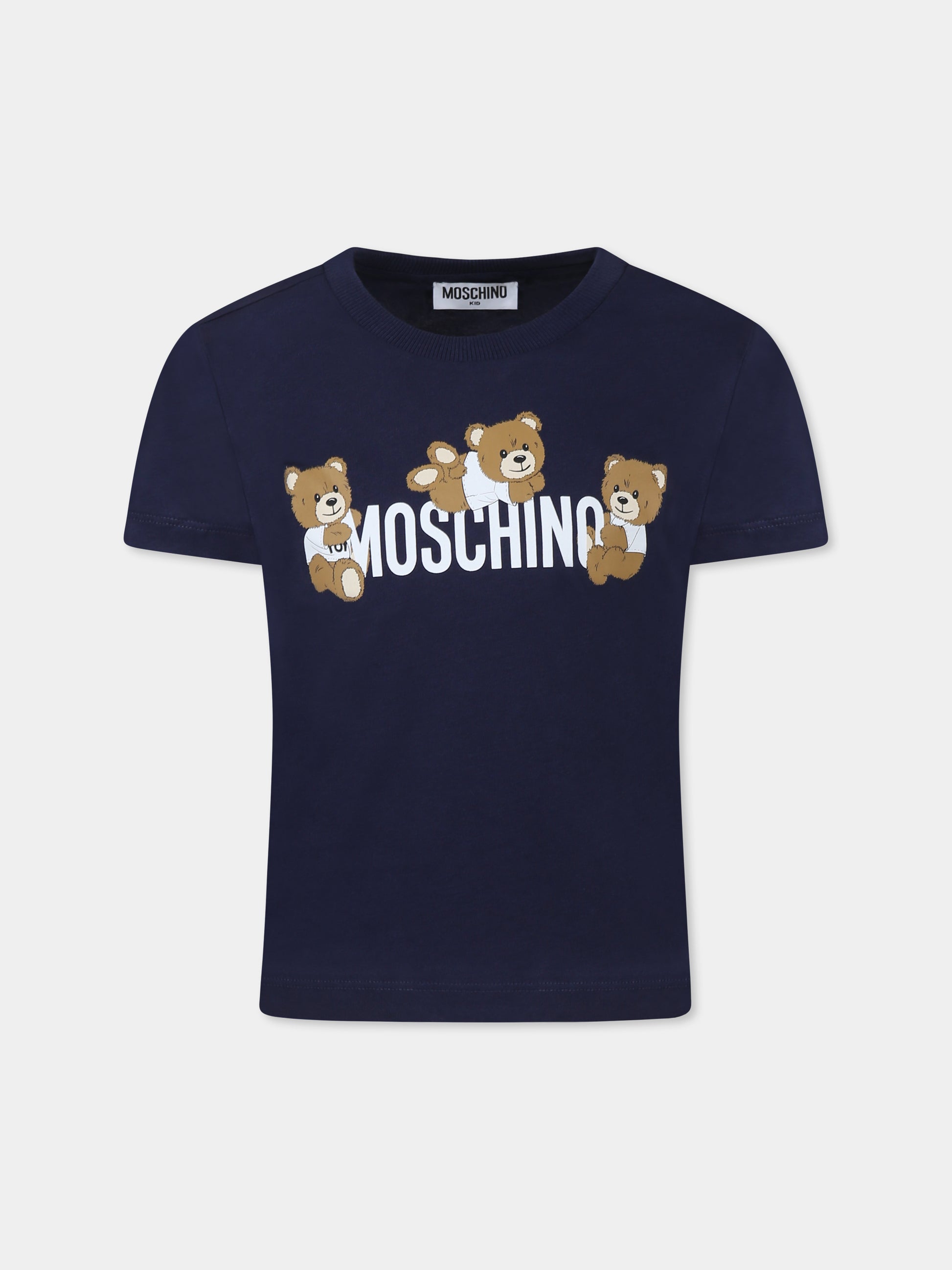 T-shirt blu per bambino con tre Teddy Bears,Moschino Kids,HUM059 LAA23 40016