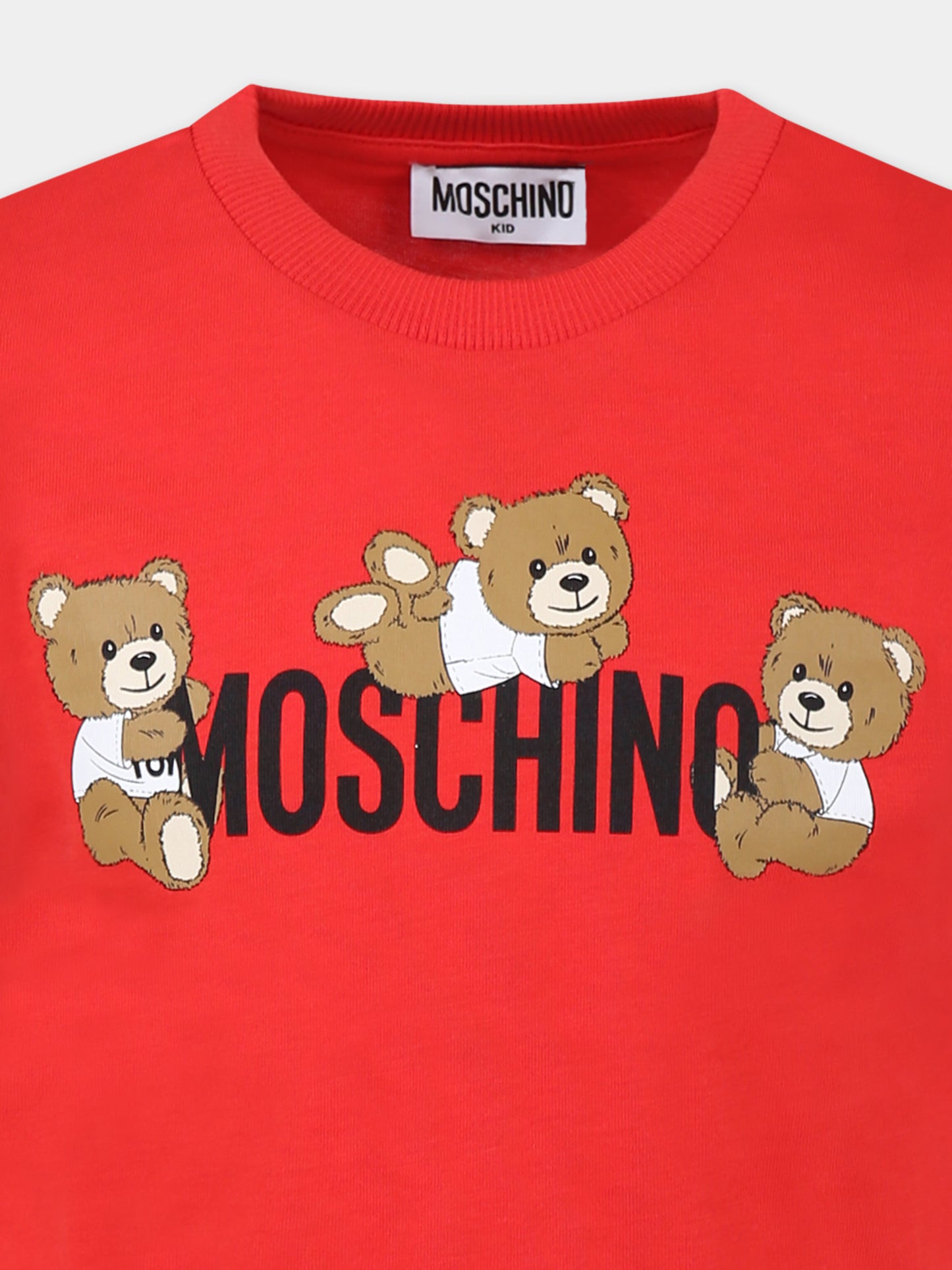 T-shirt rossa per bambini con tre Teddy Bears,Moschino Kids,HUM059 LAA23 50109