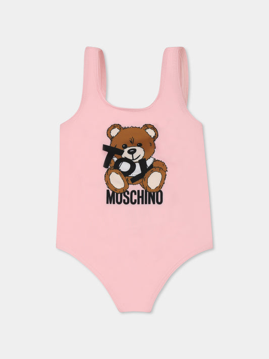 Pink swimsuit for baby girl with Teddy Bear and black logo