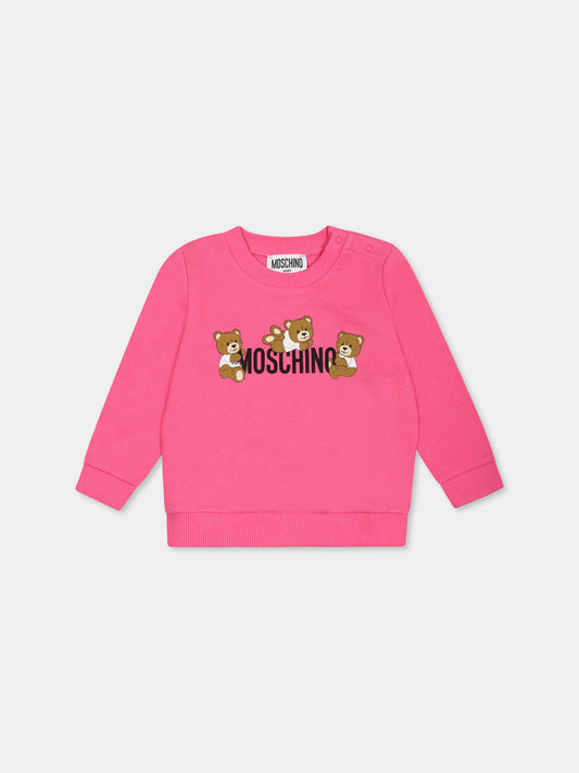 Felpa fucsia per neonata con tre Teddy Bears,Moschino Kids,M9F04Q LCA19 50533