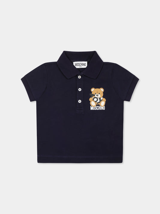 Polo blu per neonato con Teddy Bear,Moschino Kids,M9M01P LFA01 40016