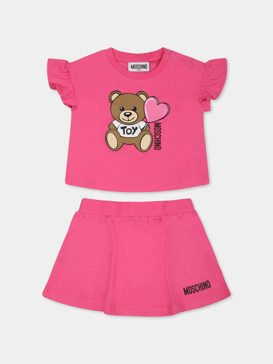 Completo fucsia per neonata con Teddy Bear e cuore,Moschino Kids,MDG01G LAA40 50533