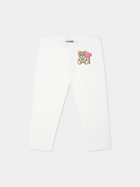 Ivory legging for baby girl with Teddy Bear