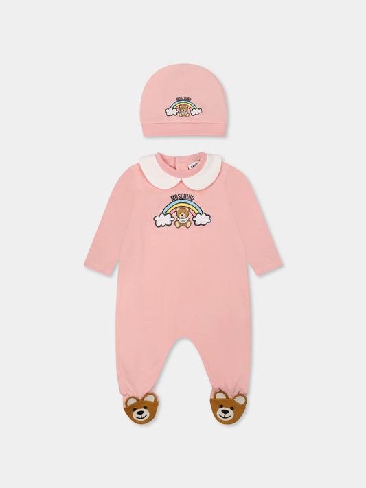 Set tutina rosa per neonata con Teddy Bear e arcobaleno,Moschino Kids,MMY065 LCA19 50209