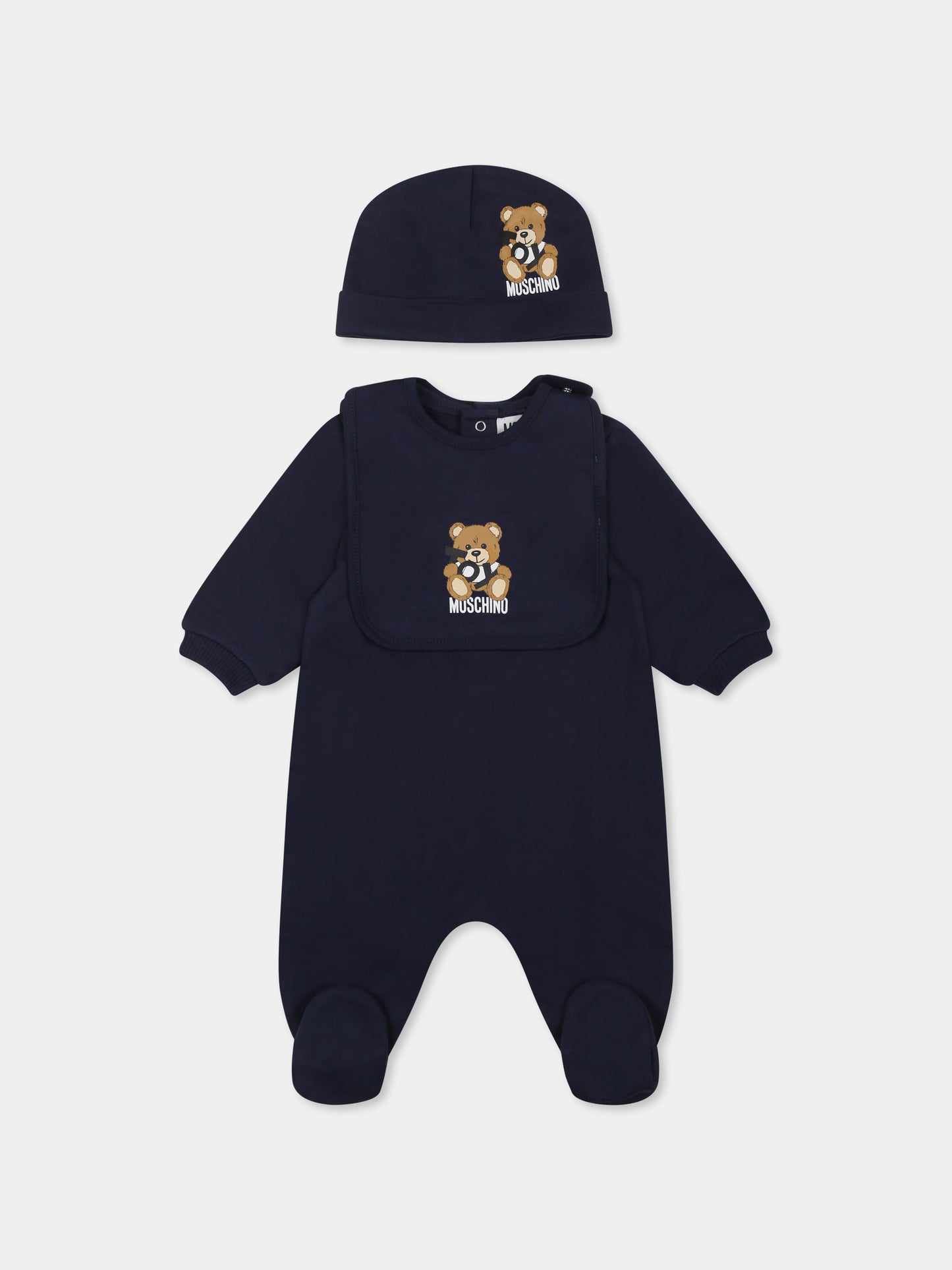 Set blu per neonato con Teddy Bear e logo,Moschino Kids,MNY04G LCA19 40016