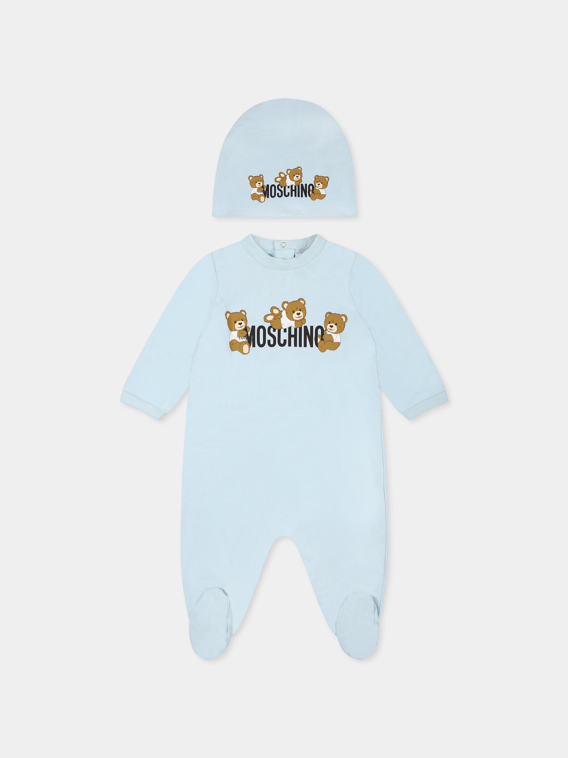 Set tutina celeste per neonato con tre Teddy Bears,Moschino Kids,MOY05Z LAA03 40304