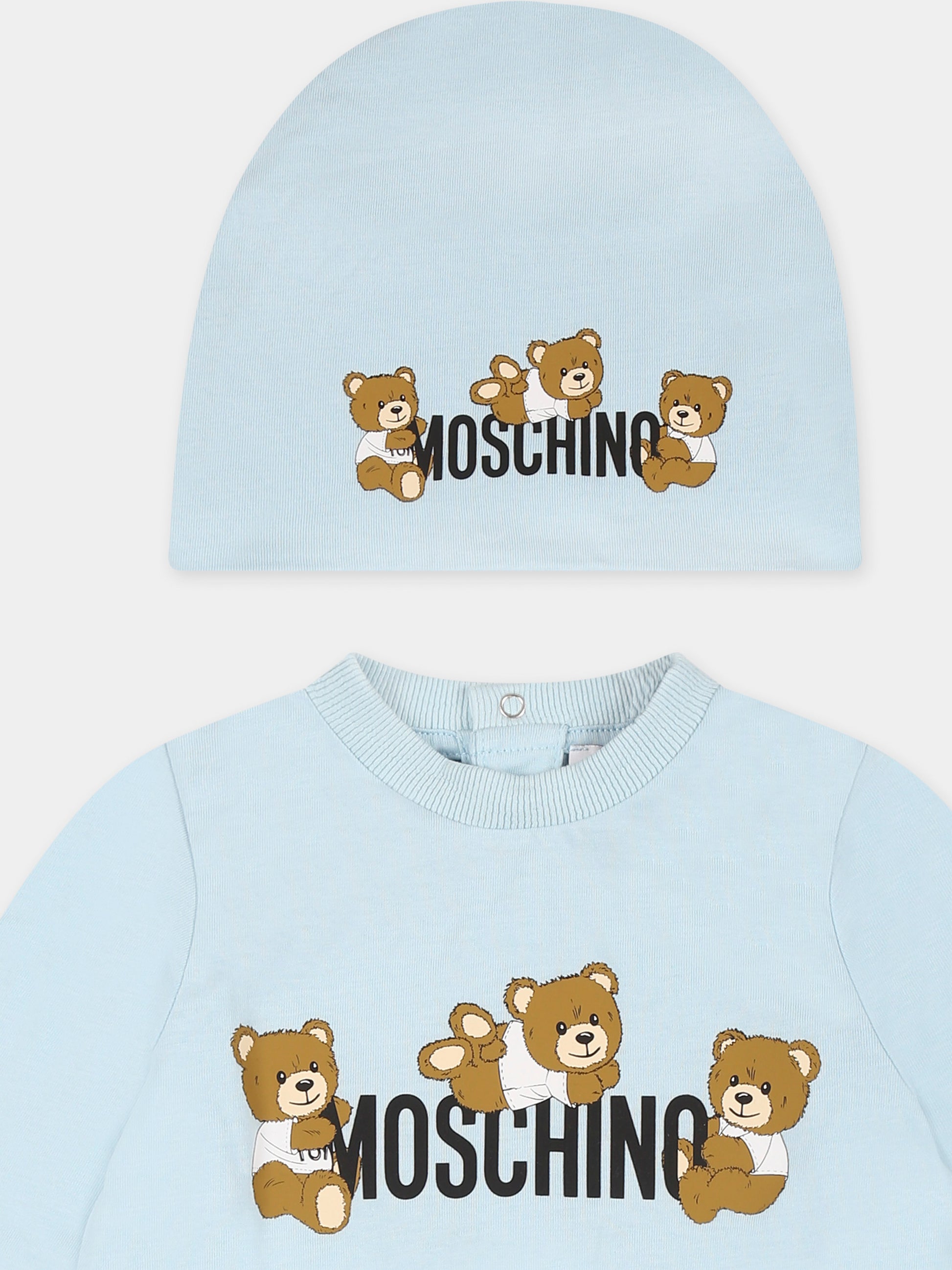 Set tutina celeste per neonato con tre Teddy Bears,Moschino Kids,MOY05Z LAA03 40304