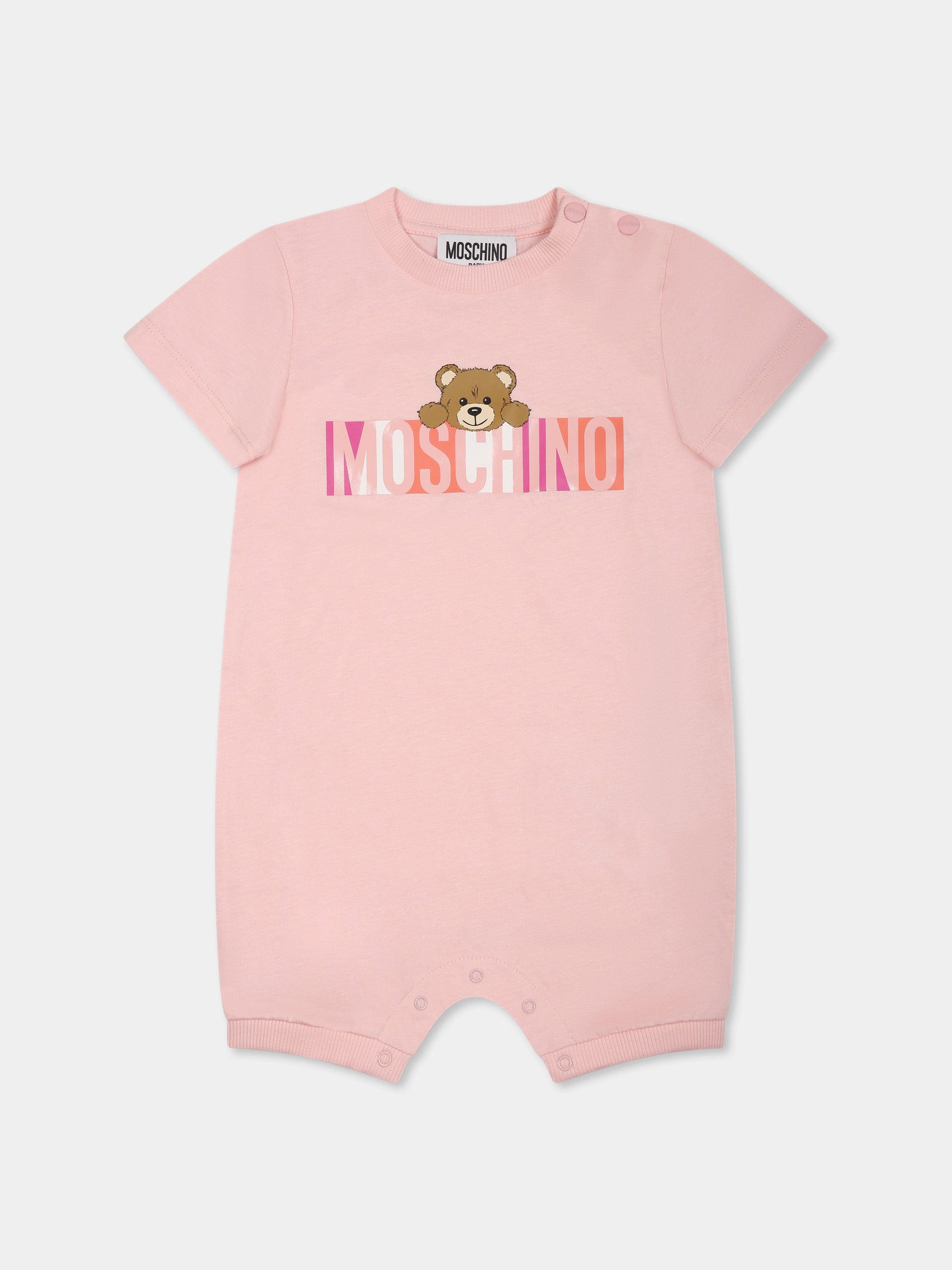 Pagliaccetto rosa per neonata con Teddy Bear e logo,Moschino Kids,MPY022 LAA02 50209