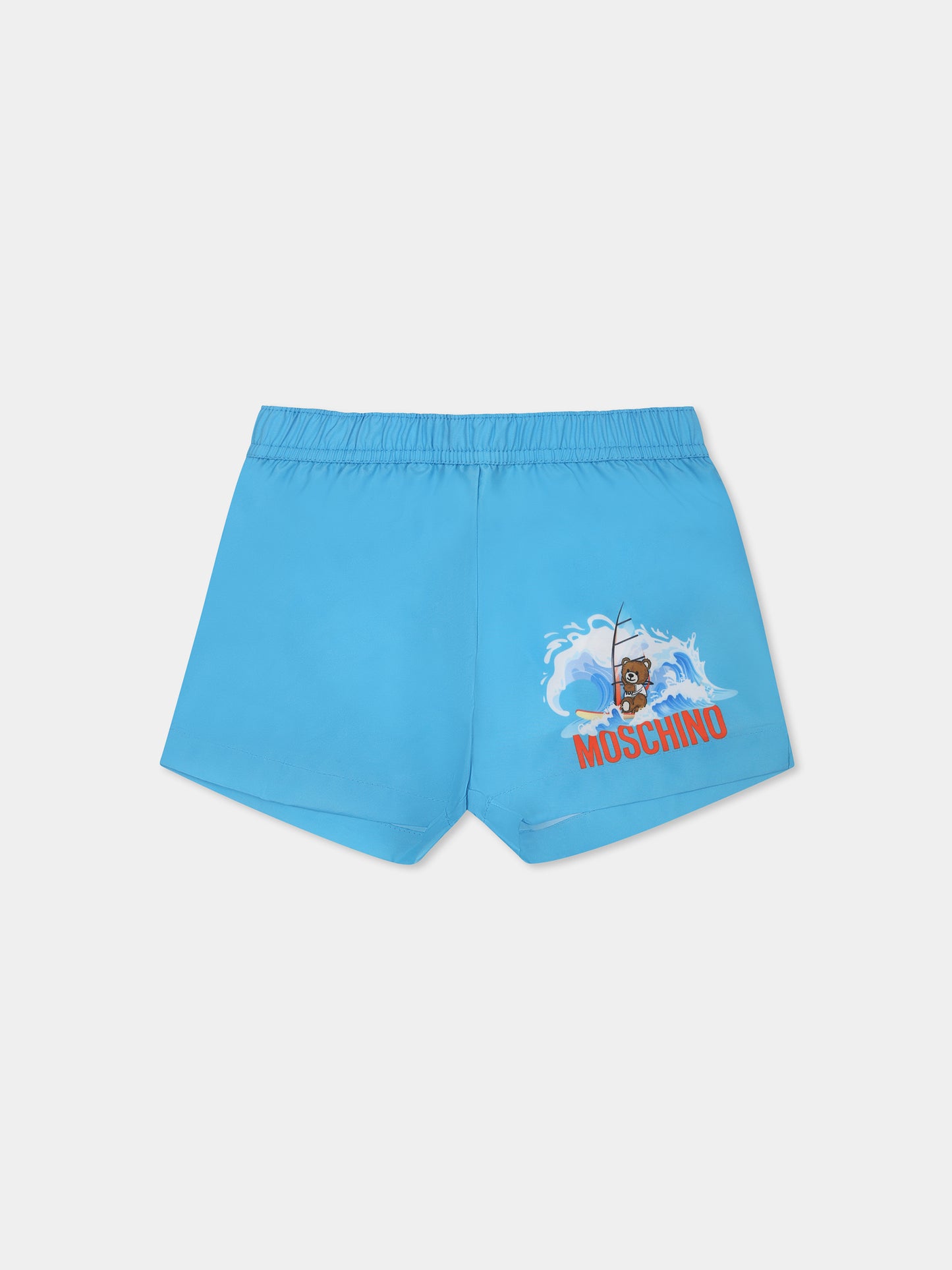 Light blue swimsuit shorts for baby boy with Teddy Bear and logo