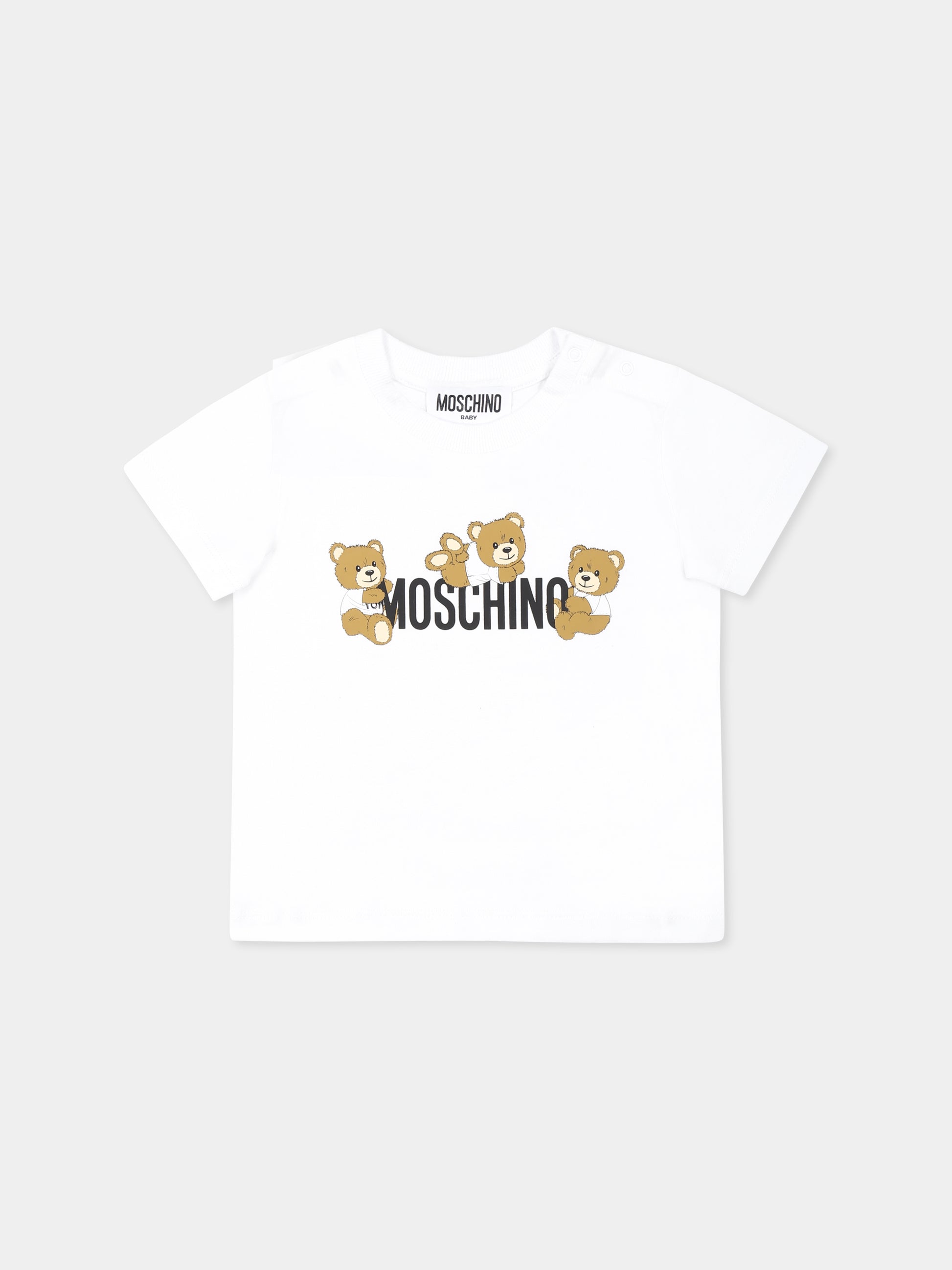 T-shirt bianca per neonati con tre Teddy Bears,Moschino Kids,MUM04A LAA03 10101