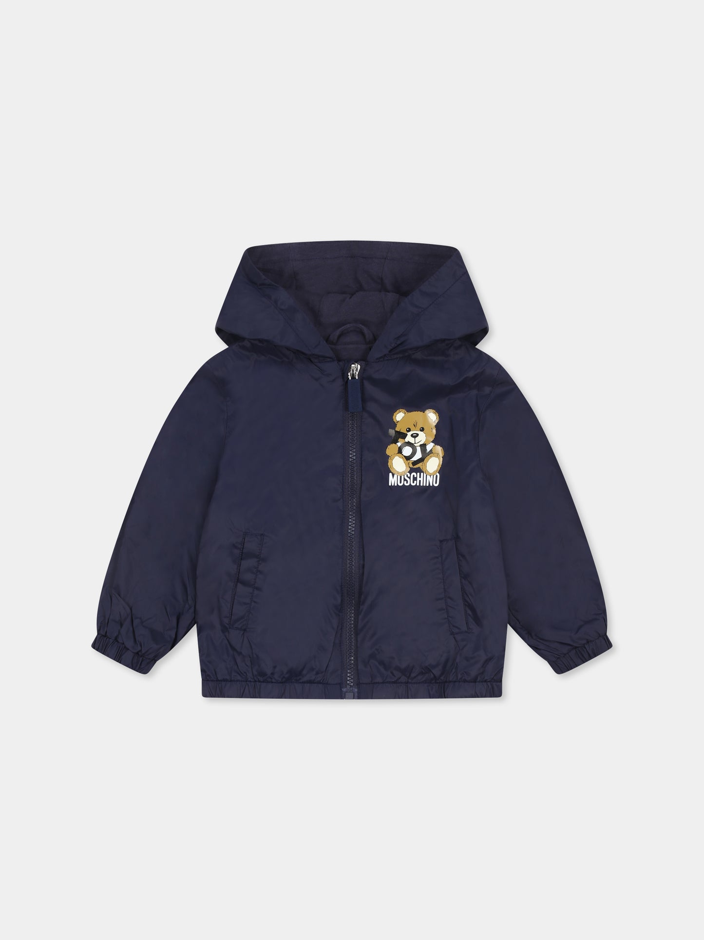 Blue windbreaker jacket for baby boy with Teddy Bear