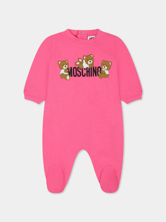 Tutina fucsia per neonata con tre Teddy Bears,Moschino Kids,MUT047 LAA03 50533