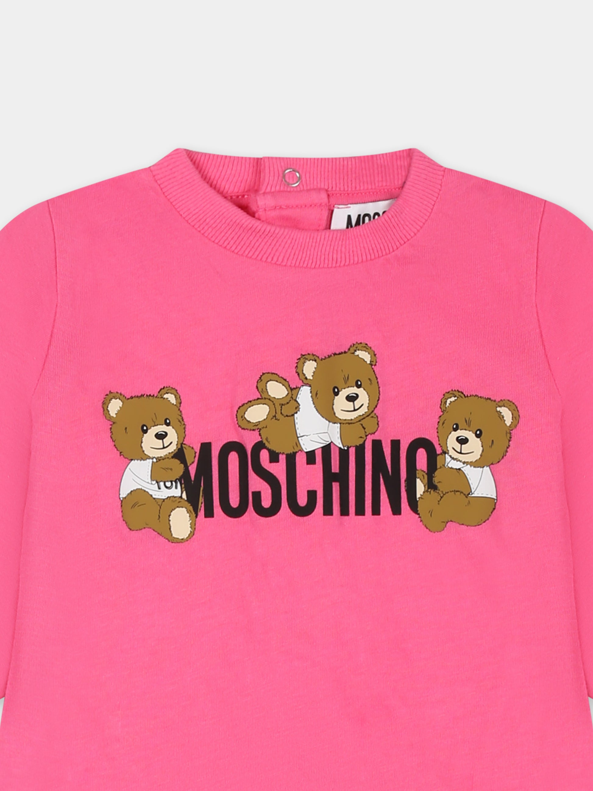 Tutina fucsia per neonata con tre Teddy Bears,Moschino Kids,MUT047 LAA03 50533