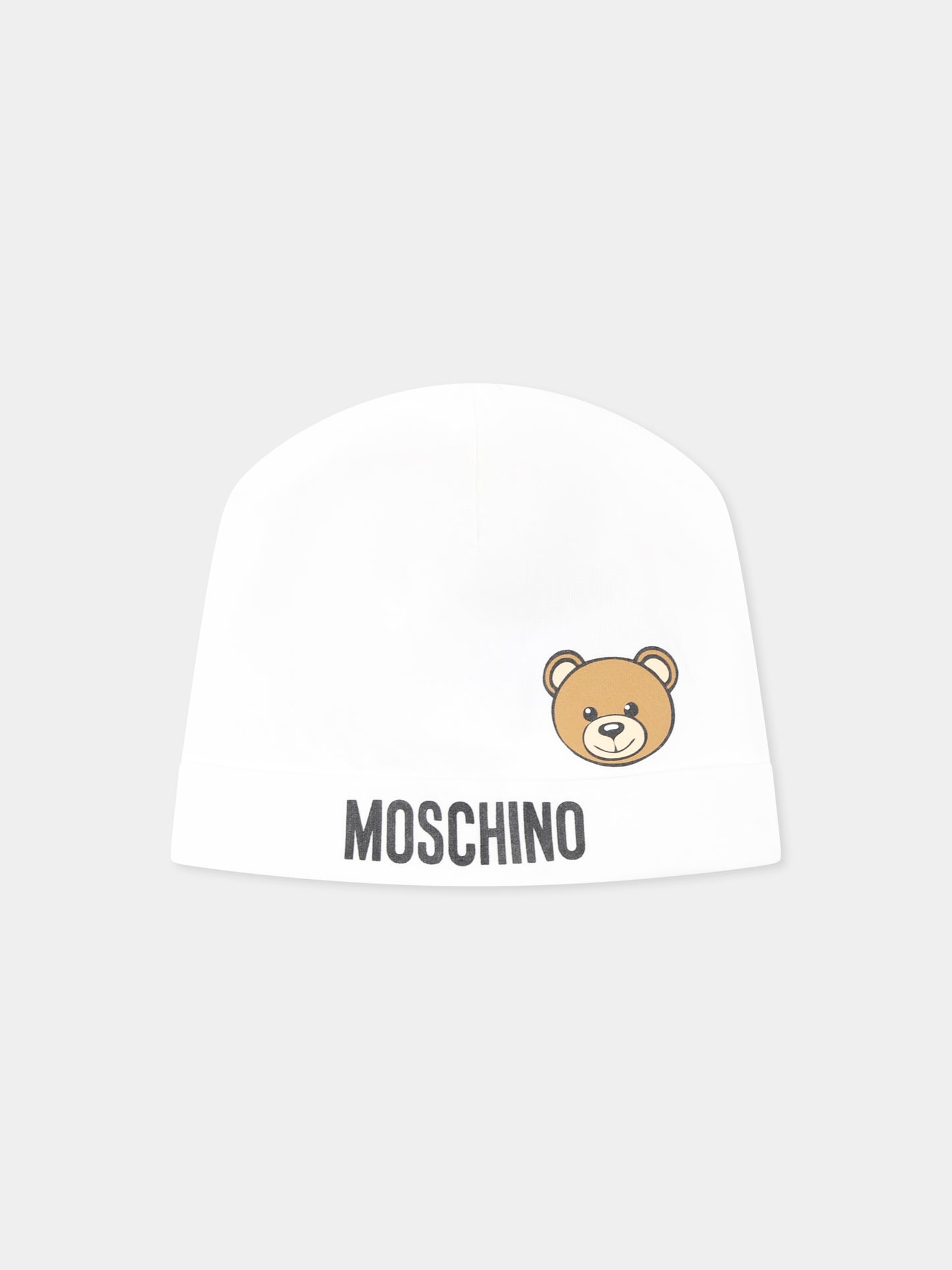 Berretto bianco per neonati con Teddy Bear e logo,Moschino Kids,MUX05A LBA00 10101