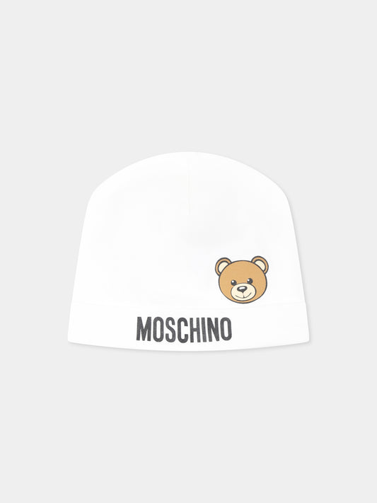 Berretto bianco per neonati con Teddy Bear e logo,Moschino Kids,MUX05A LBA00 10101