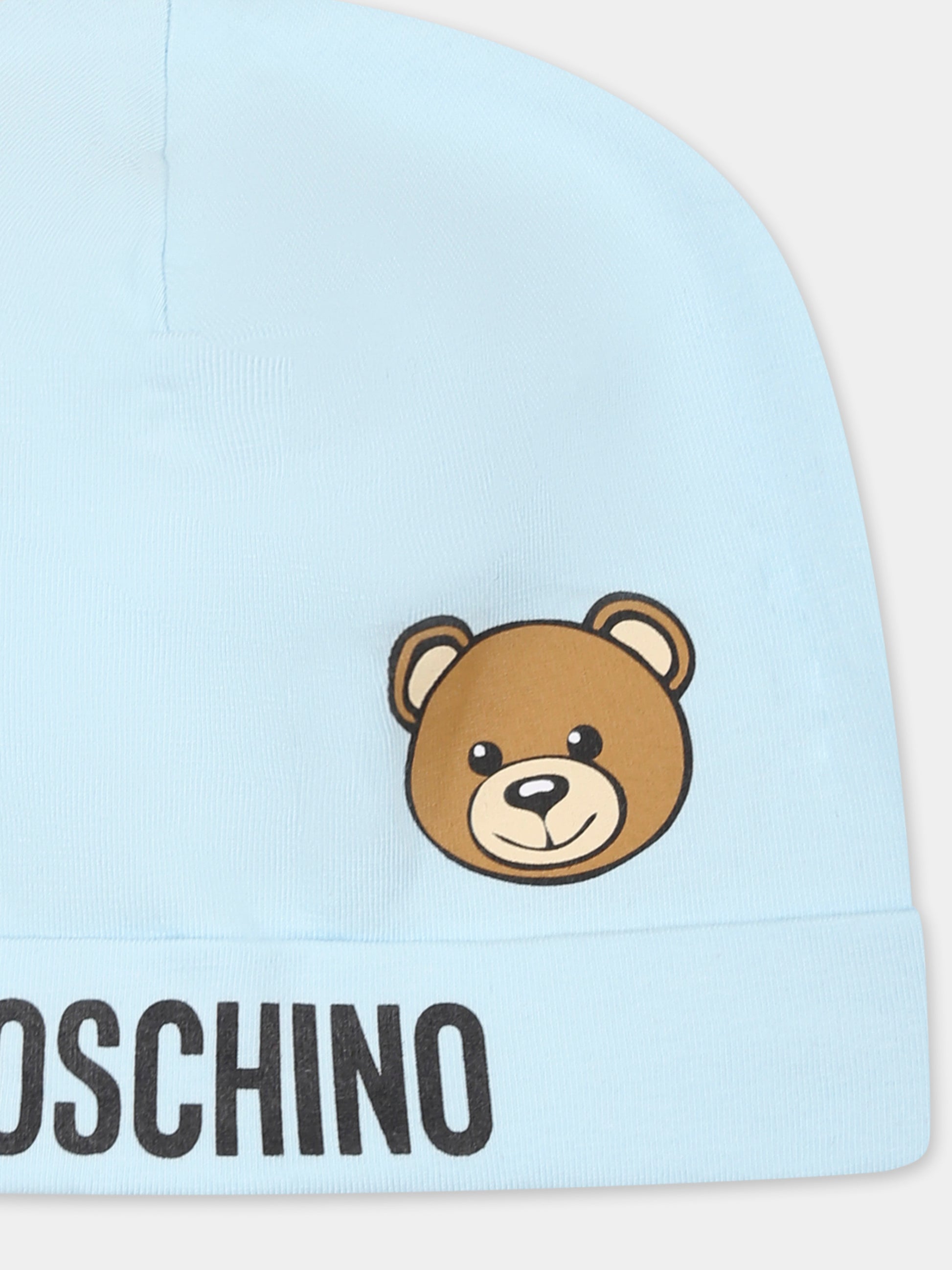 Berretto celeste per neonato con Teddy Bear e logo,Moschino Kids,MUX05A LBA00 40304