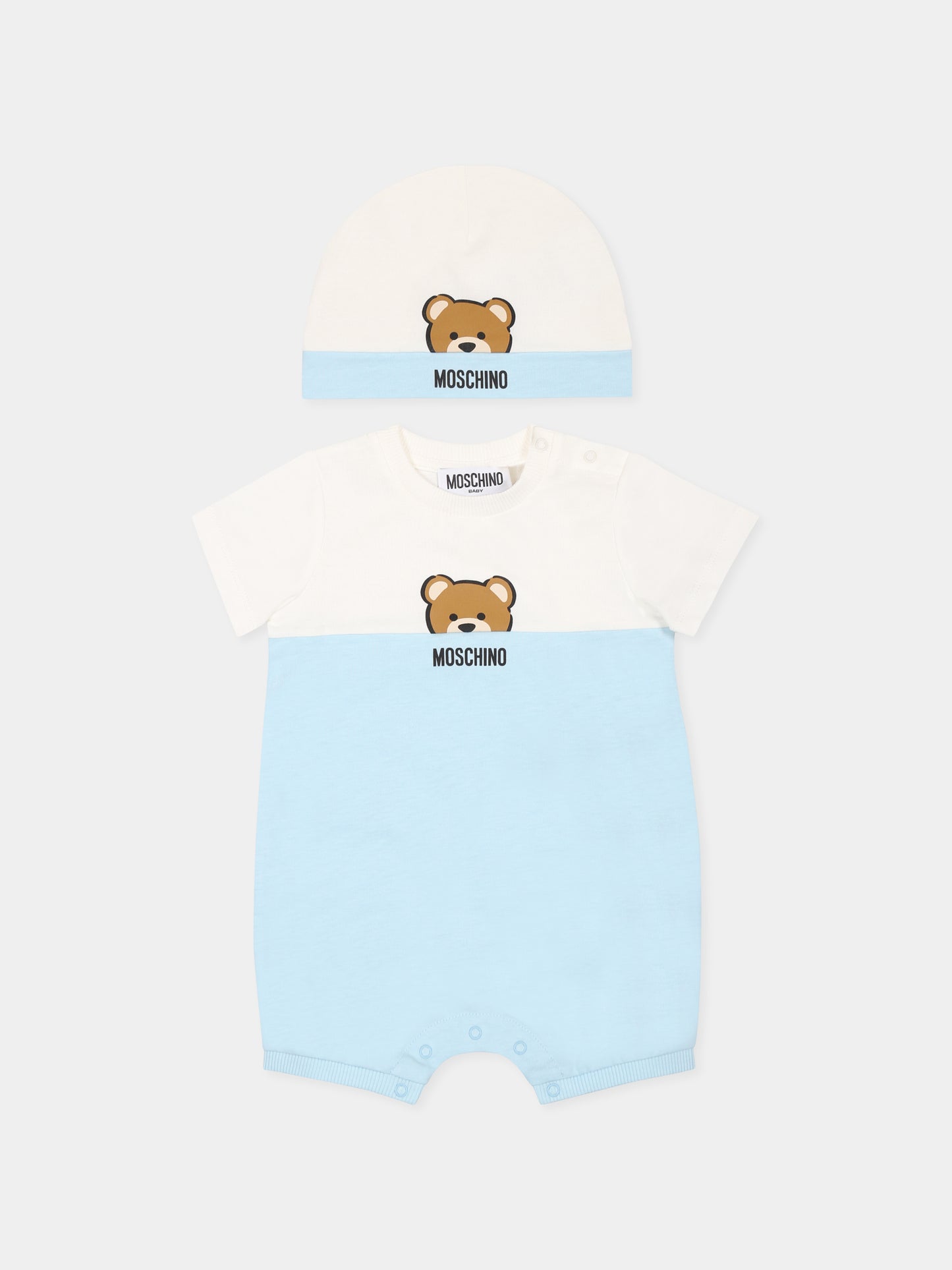 Set pagliaccetto celeste per neonato con Teddy Bear,Moschino Kids,MUY07E LAA27 40304