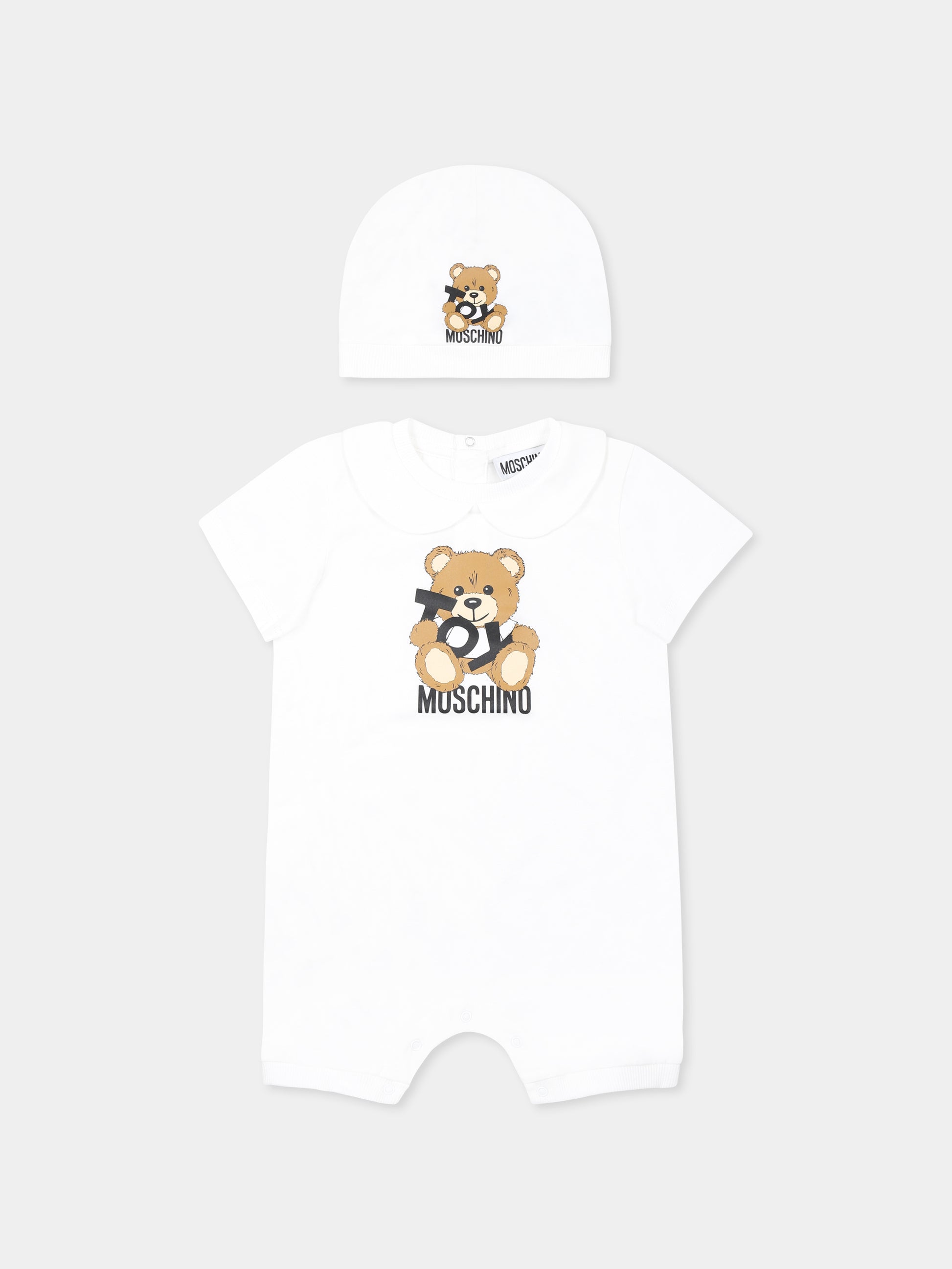 Set pagliaccetto bianco per neonati con Teddy Bear e logo nero,Moschino Kids,MUY07N LAA03 10101