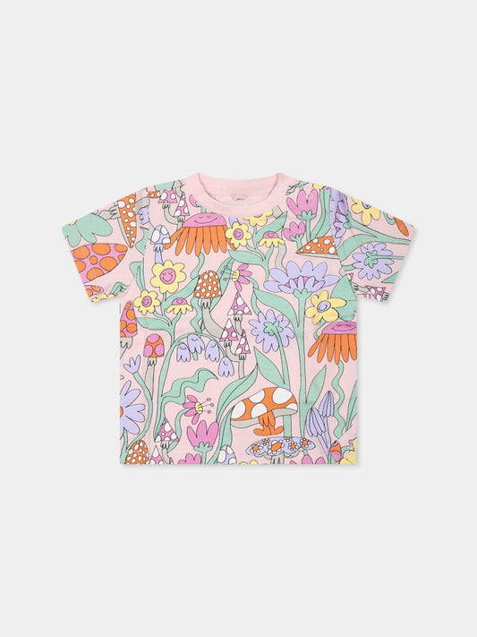 T-shirt rosa per neonata con fiori e funghi,Stella Mccartney Kids,TW8031 Z2723 50HMC