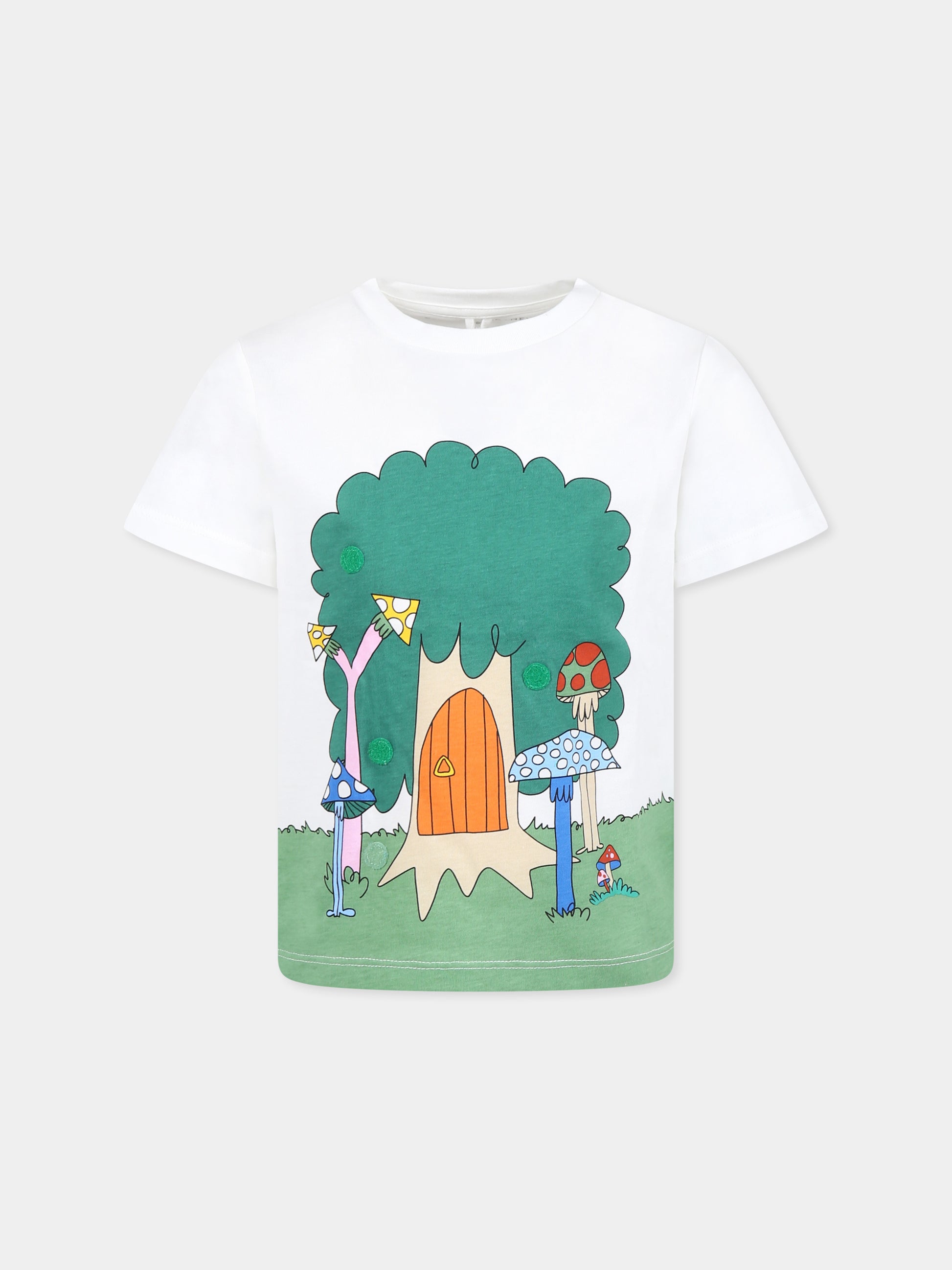 T-shirt bianca per bambino con stampa bosco e patch,Stella Mccartney Kids,TW8P31 Z0434 101