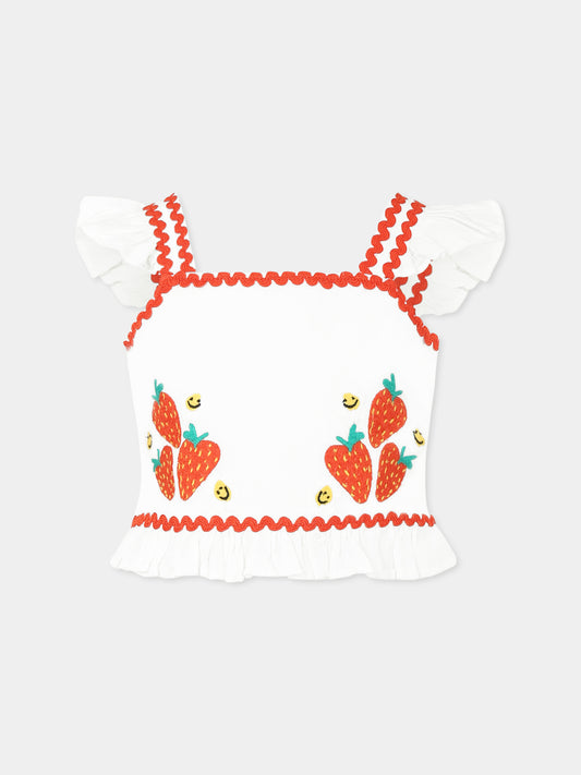 Top crop bianco per bambina con fragole,Stella Mccartney Kids,TW5A42 Z0138 101