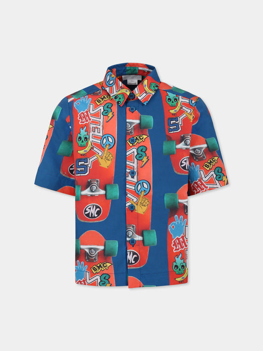 Camicia blu per bambino con skateboard all over,Stella Mccartney Kids,TW5P41 Z2664 60JMC