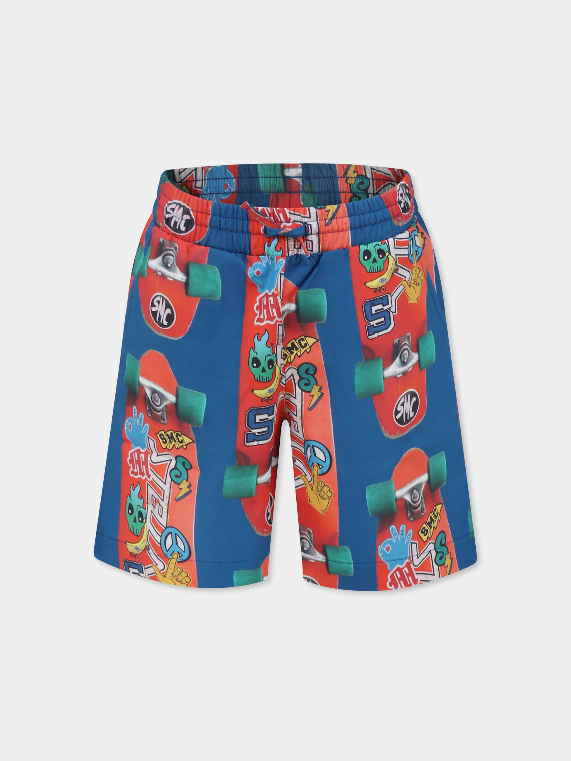 Shorts blu per bambino con skateboard all over,Stella Mccartney Kids,TW6Q99 Z2664 60JMC