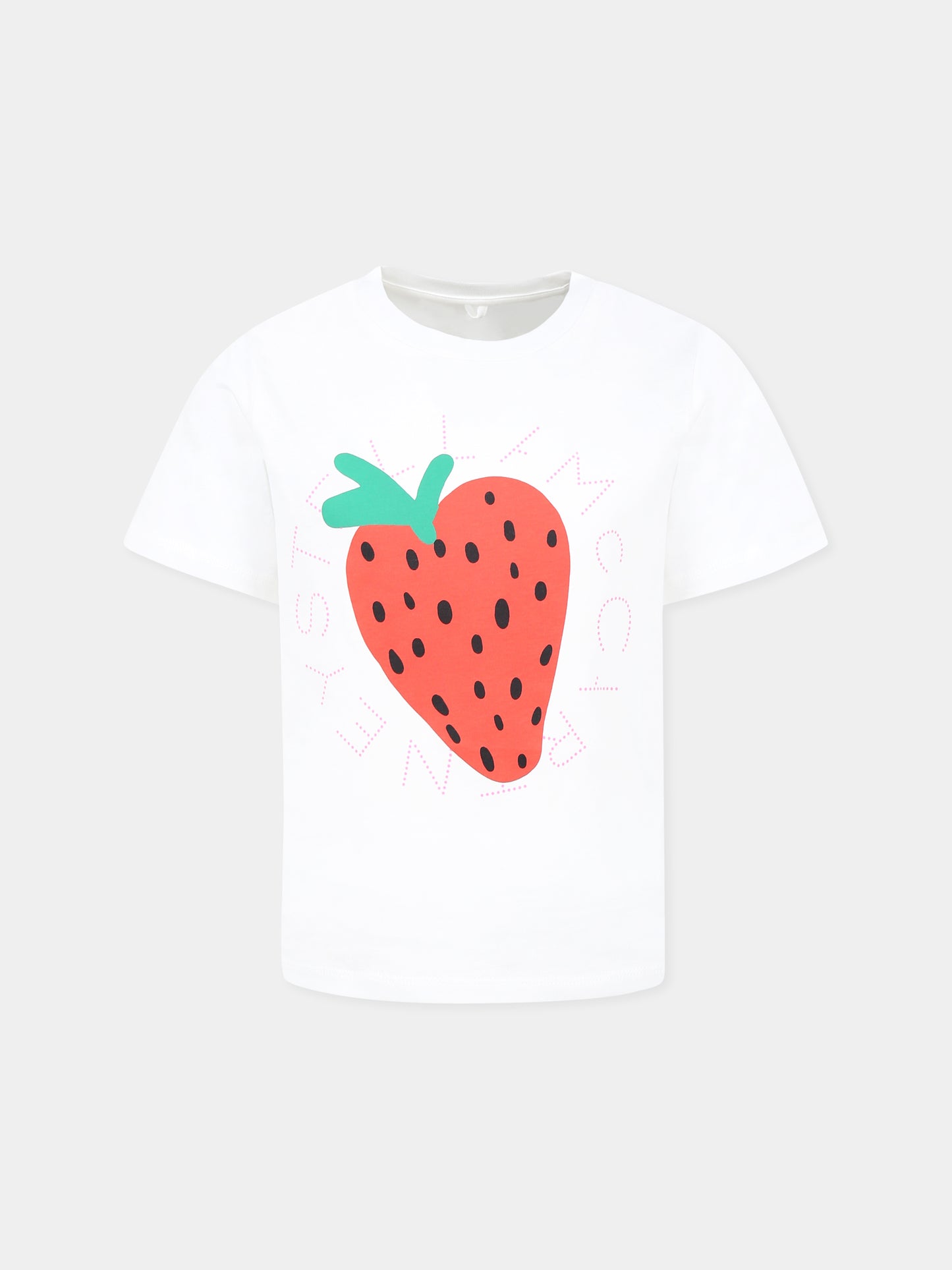 T-shirt bianca per bambina con fragola e logo,Stella Mccartney Kids,TW8B21 Z0434 101